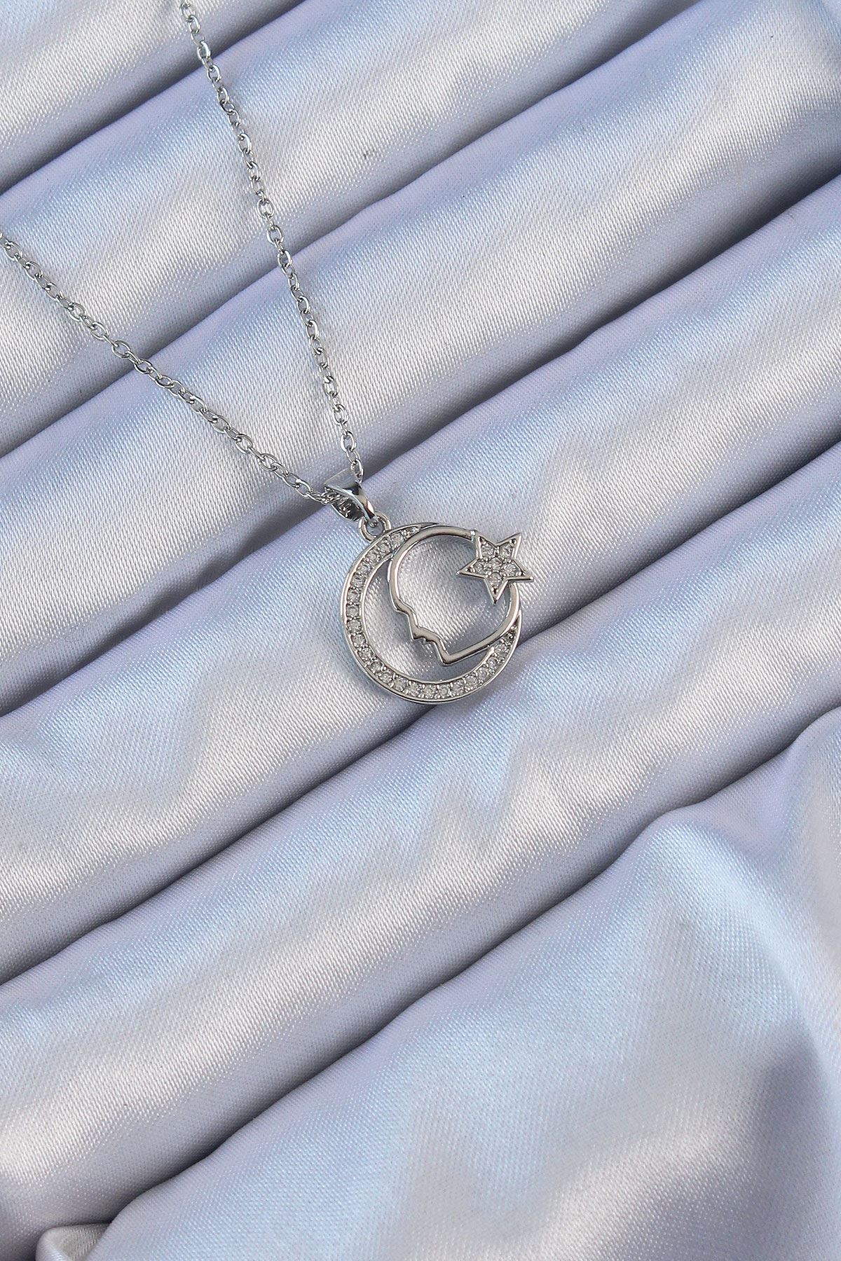 YRTCL 316L Çelik Zincir Gümüş Renk Zirkon Taşlı Ay Yıldız Simgeli Atatürk Kolye