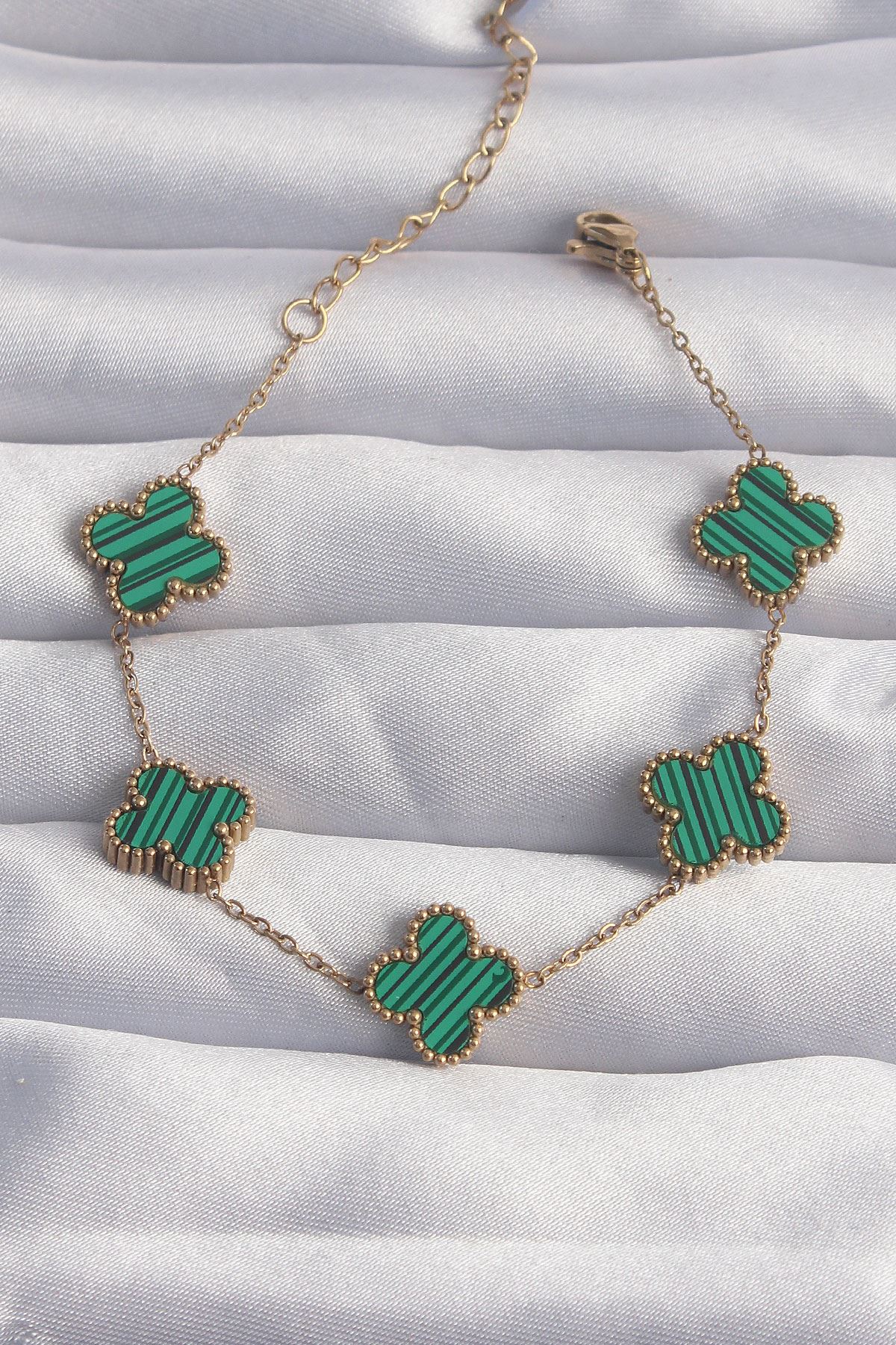 YRTCL 316L Çelik Gold Renk Çizgili Yeşil Mineli Yonca Bileklik