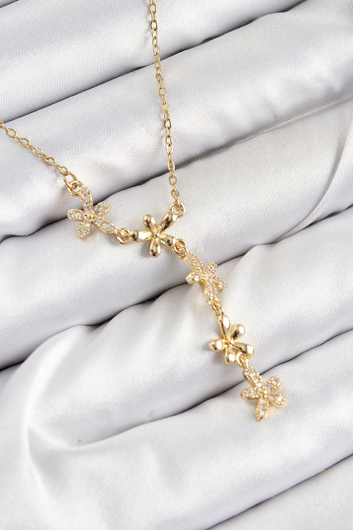 YRTCL 316L Çelik Zirkon Taşlı Çiçek Model Gold Renk Kadın Kolye