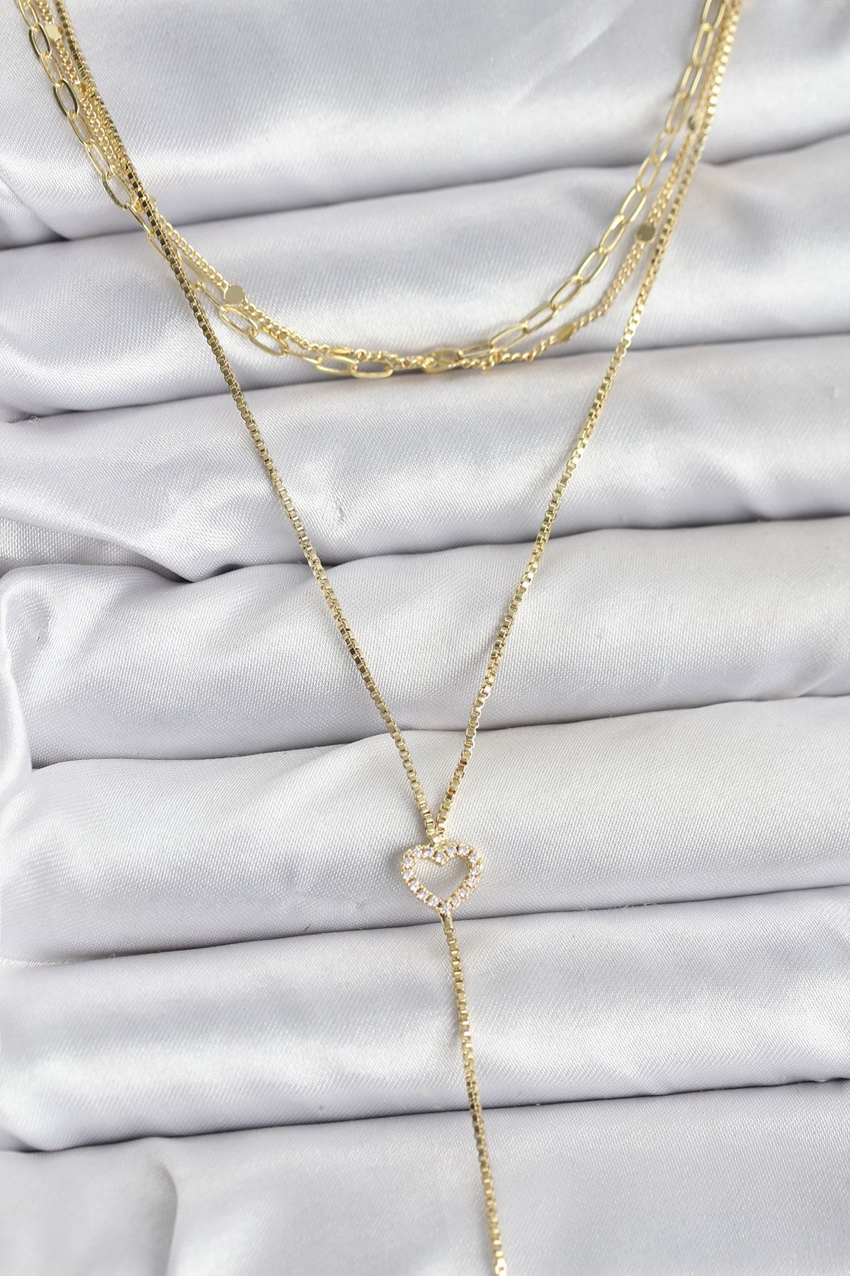 YRTCL Pirinç Gold Renk Kalp Detaylı 3'lü Kombin Y Kadın Kolye