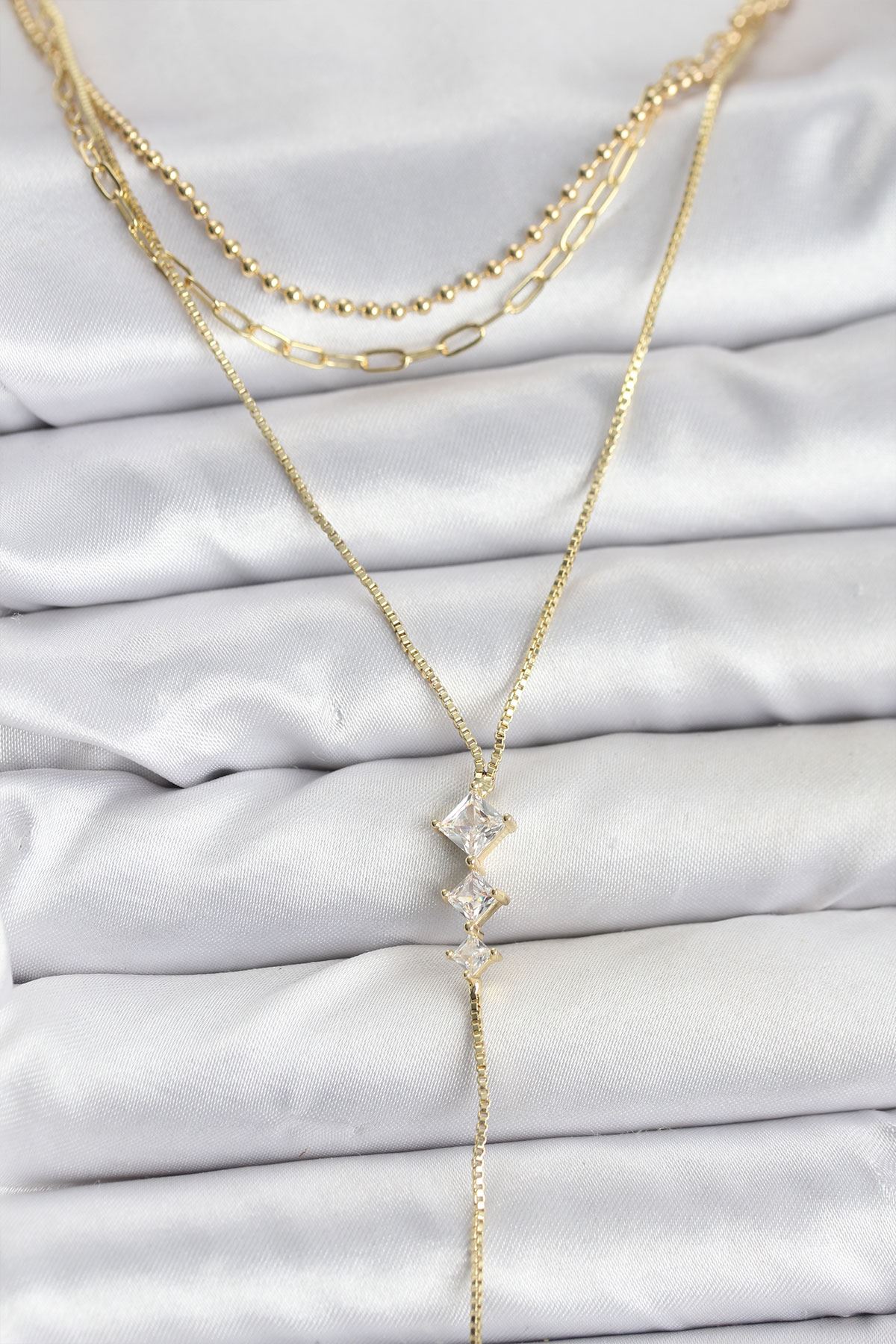 YRTCL Pirinç Gold Renk Zirkon Taş Detaylı 3'lü Kombin Y Kadın Kolye