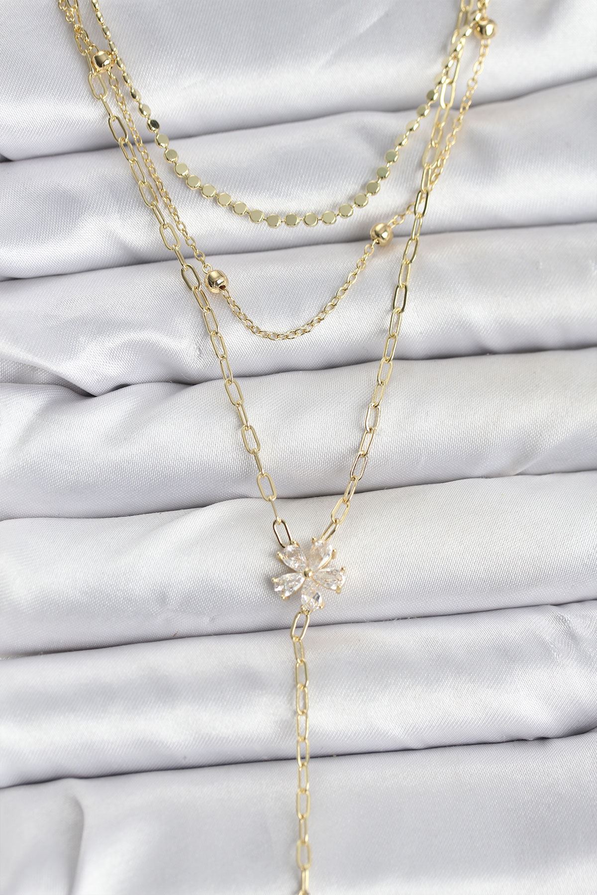 YRTCL Pirinç Gold Renk Zirkon Taşlı Çiçek Model Detaylı 3'lü Kombin Y Kadın Kolye