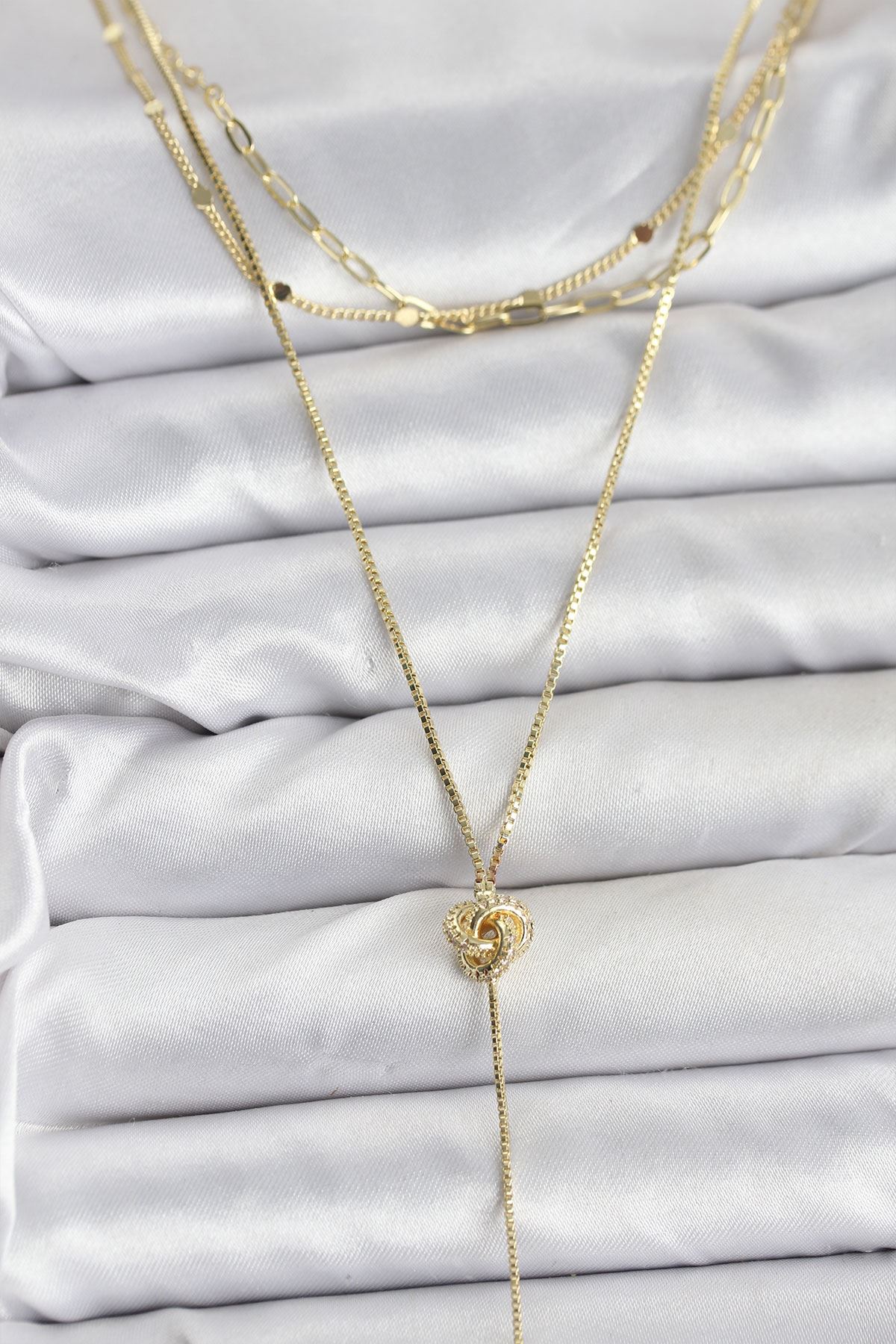 YRTCL Pirinç Gold Renk Düğüm Model Detaylı 3'lü Kombin Y Kadın Kolye