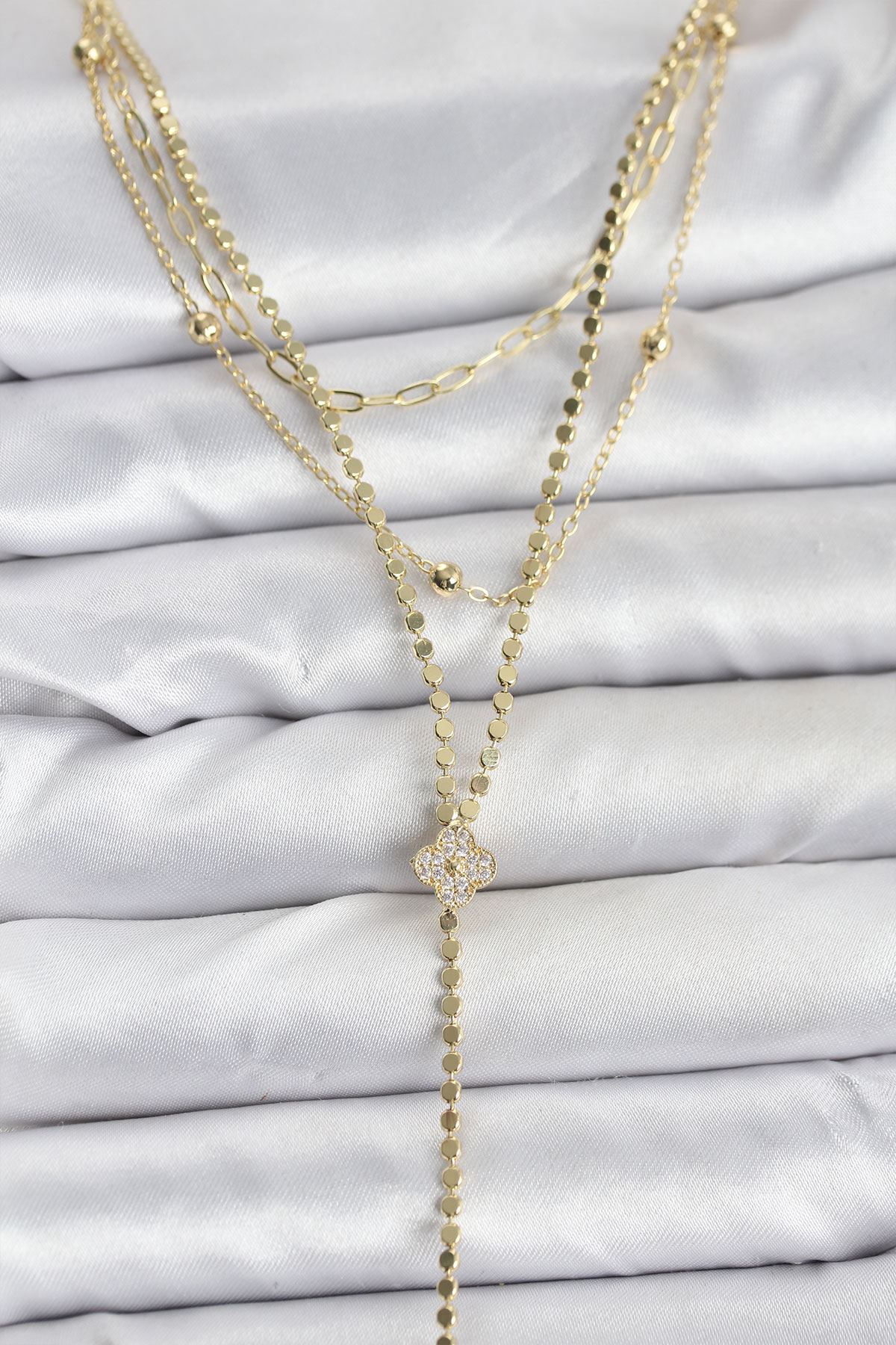 YRTCL Pirinç Gold Renk Zirkon Taşlı Yonca Model Detaylı 3'lü Kombin Y Kadın Kolye