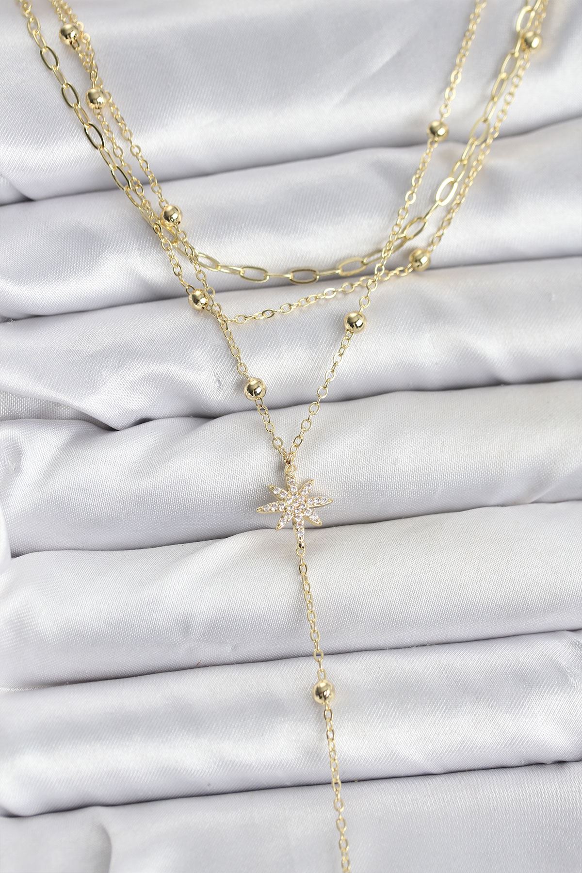 YRTCL Pirinç Gold Renk Kutup Yıldızı Detaylı 3'lü Kombin Kadın Kolye