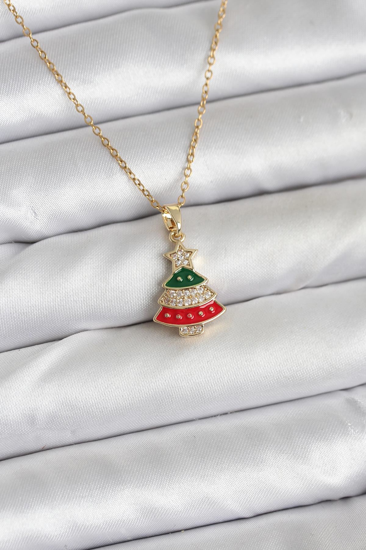 YRTCL 316L Çelik Zincir Gold Ren Çam Ağacı Model Zirkon Taşlı Yılbaşı Temalı Kadın Kolye