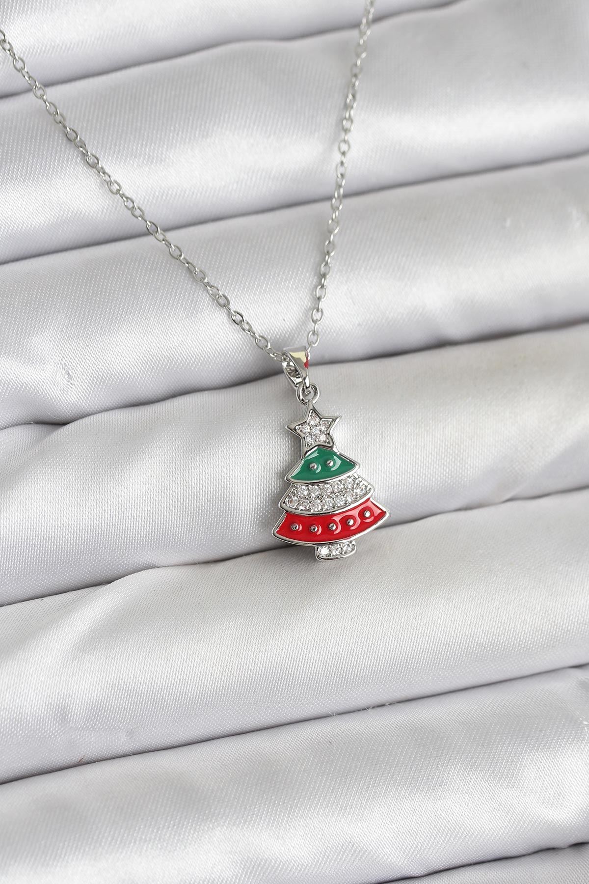 YRTCL 316L Çelik Zincir Gümüş Ren Çam Ağacı Model Zirkon Taşlı Yılbaşı Temalı Kadın Kolye