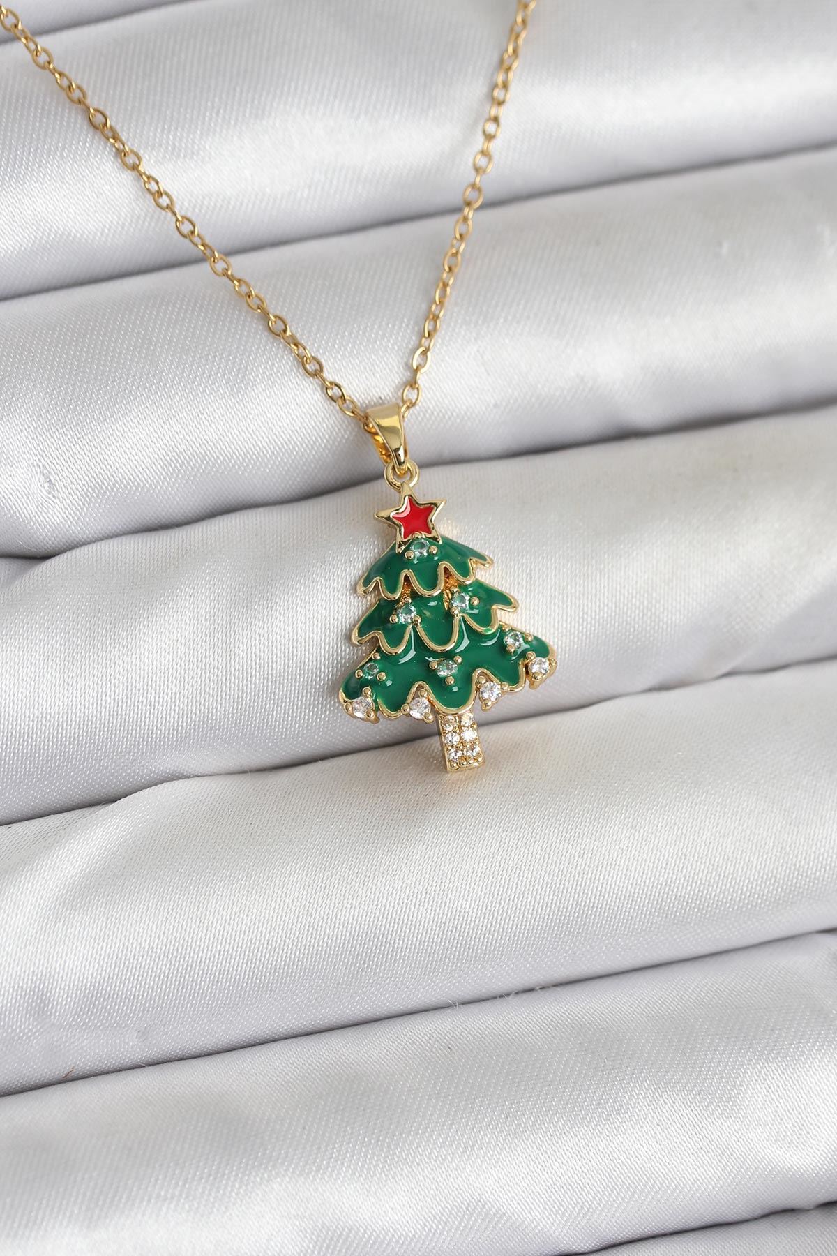 YRTCL 316L Çelik Zincir Gold Renk Çam Ağacı Model Yılbaşı Temalı Kadın Kolye