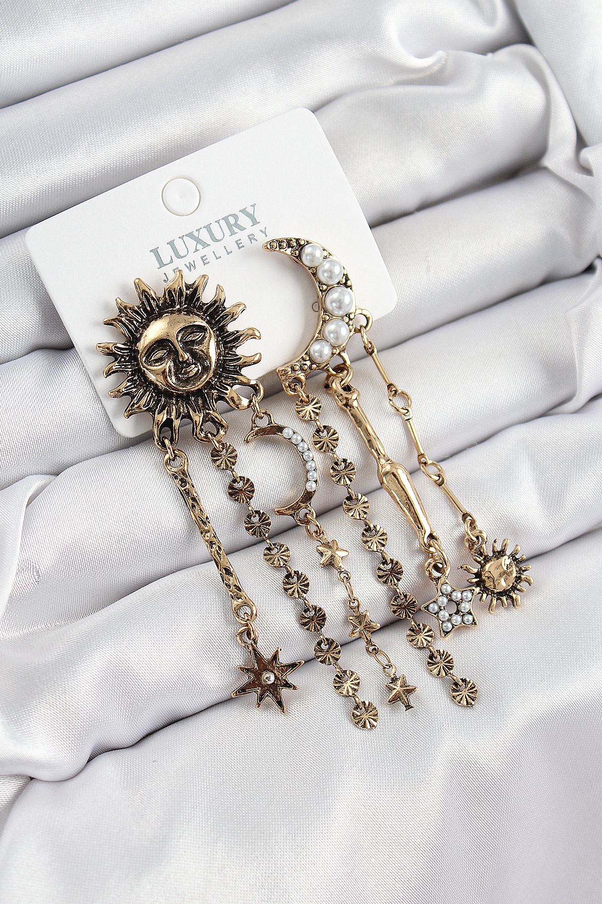 YRTCL Pirinç Zirkon Taşlı Güneş Ve Ay Figürlü Eskitme Model Sallantılı Küpe