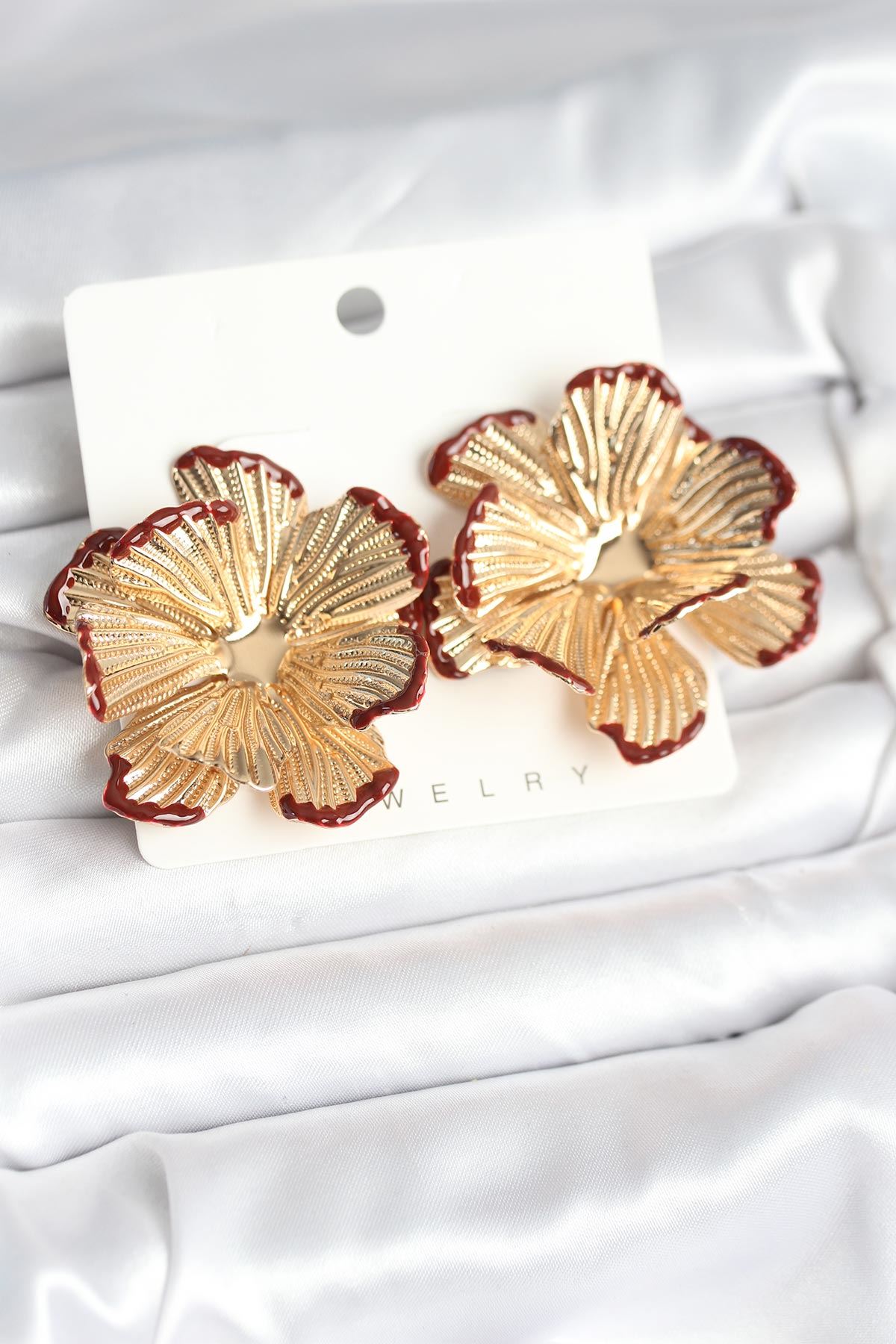 YRTCL Pirinç Gold Renk Bordo Renk Detaylı Lotus Kadın Küpe