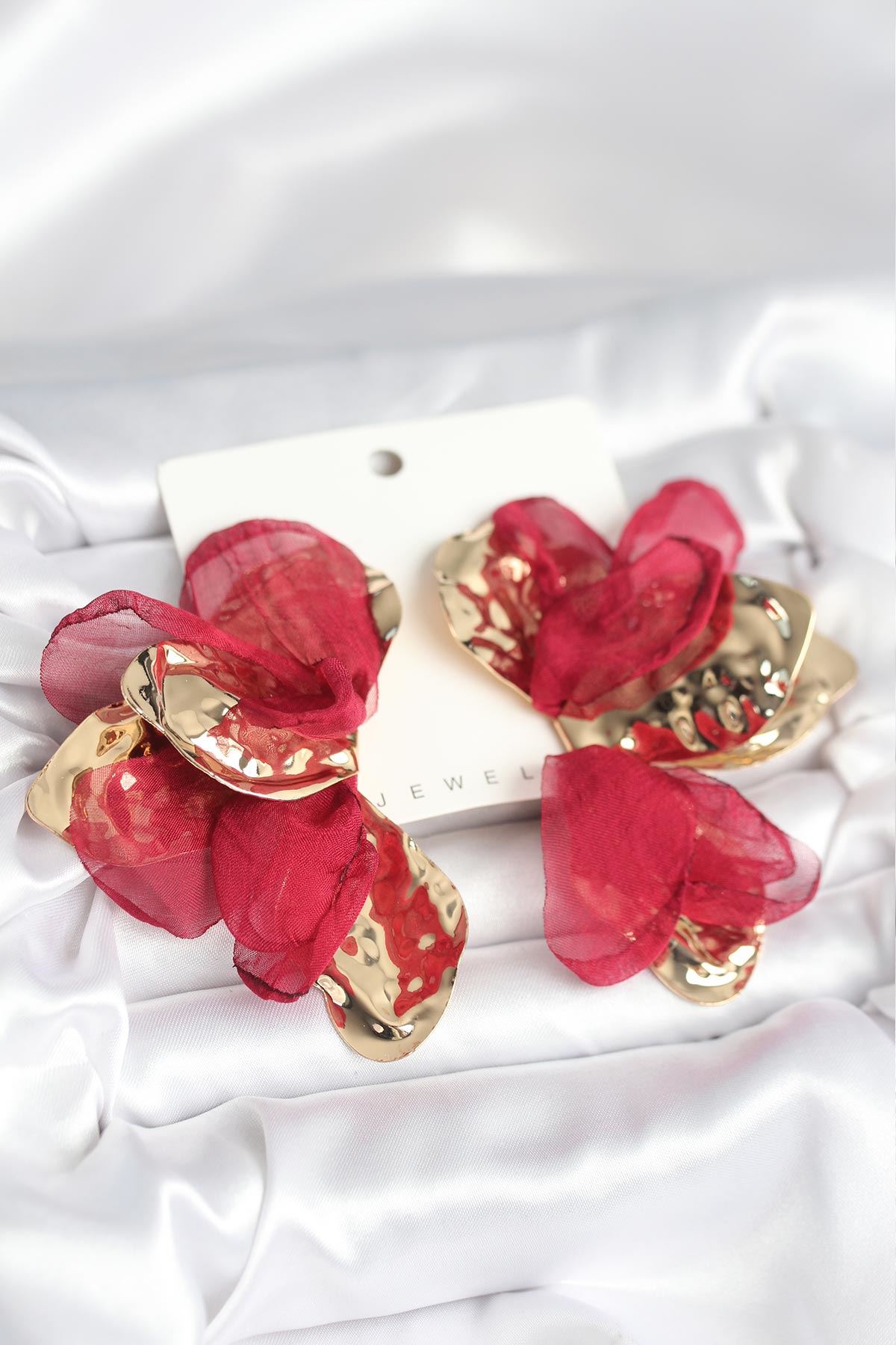 YRTCL Pirinç Gold Renk Bordo Tüllü Lotus Kadın Küpe