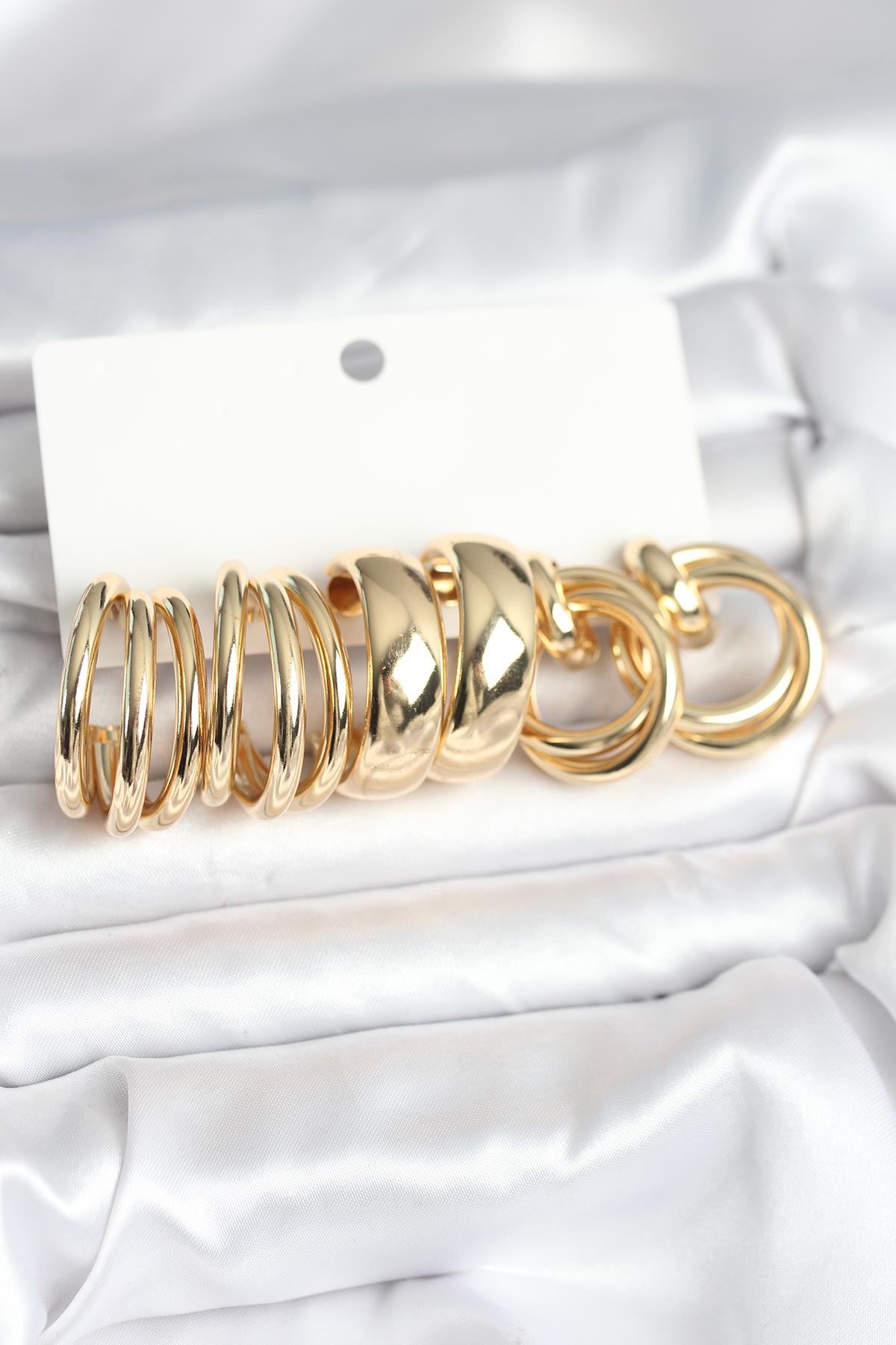 YRTCL Pirinç Gold Renk 3 Çift Vintage Kadın Küpe Seti