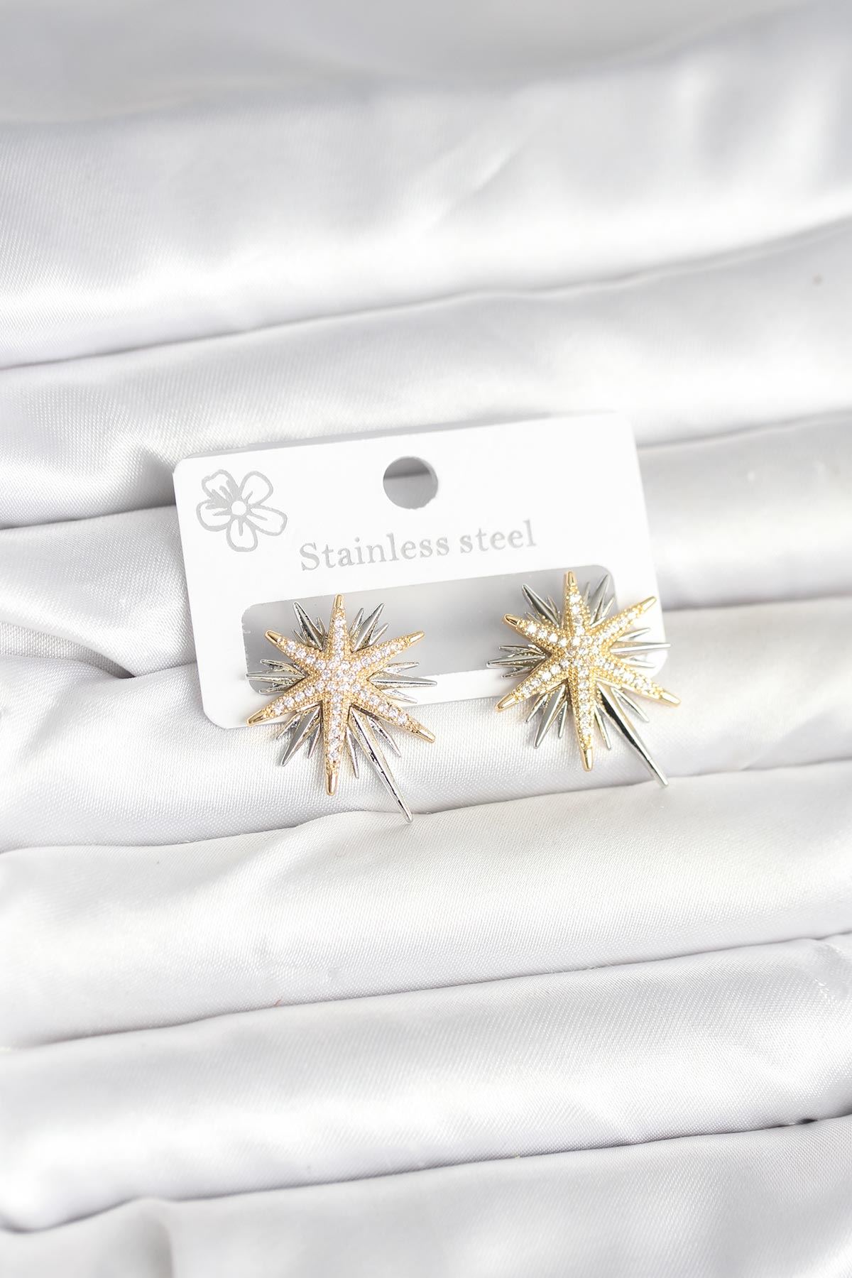 YRTCL Pirinç Gümüş Renk Kutup Yıldızı Kadın Küpe