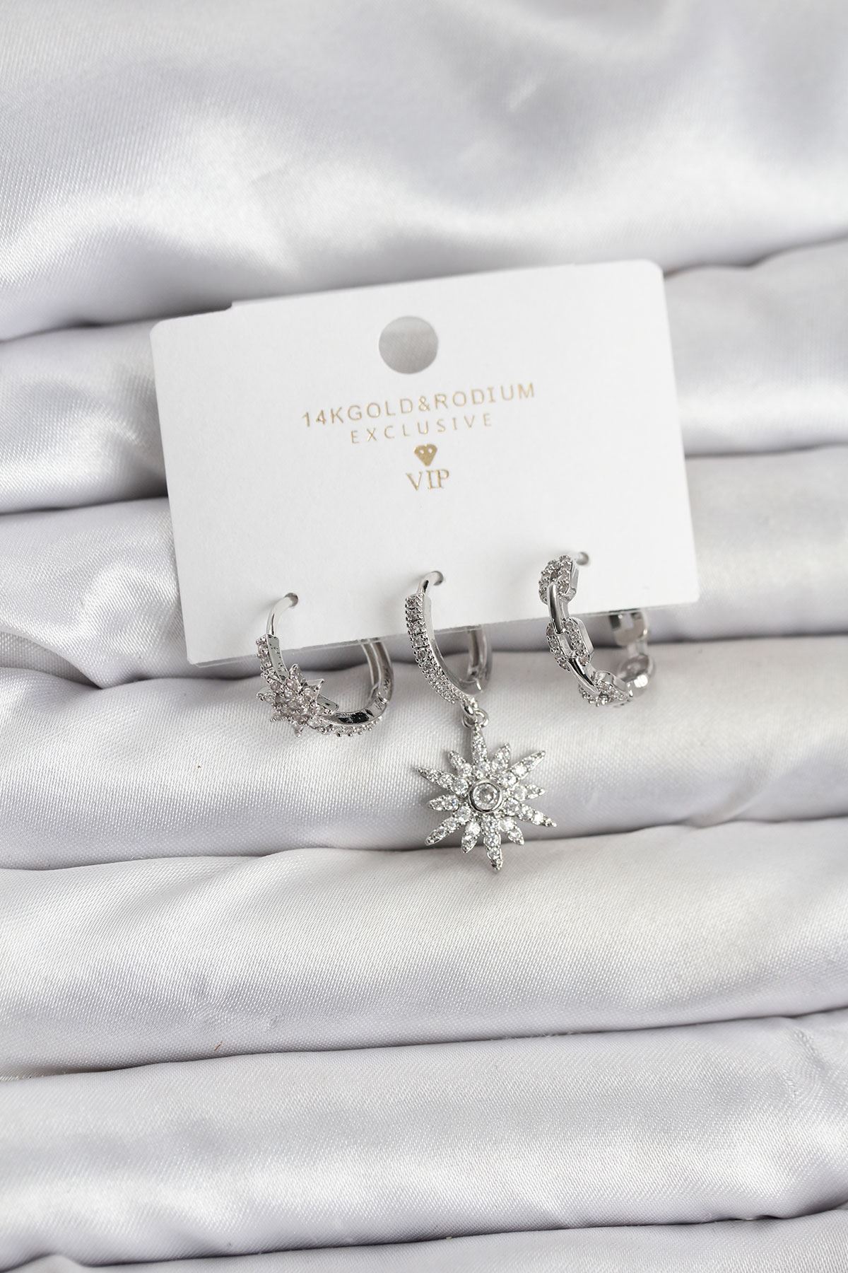 YRTCL Pirinç Gümüş Renk Kutup Yıldızı Model 3'lü Kadın Küpe Seti