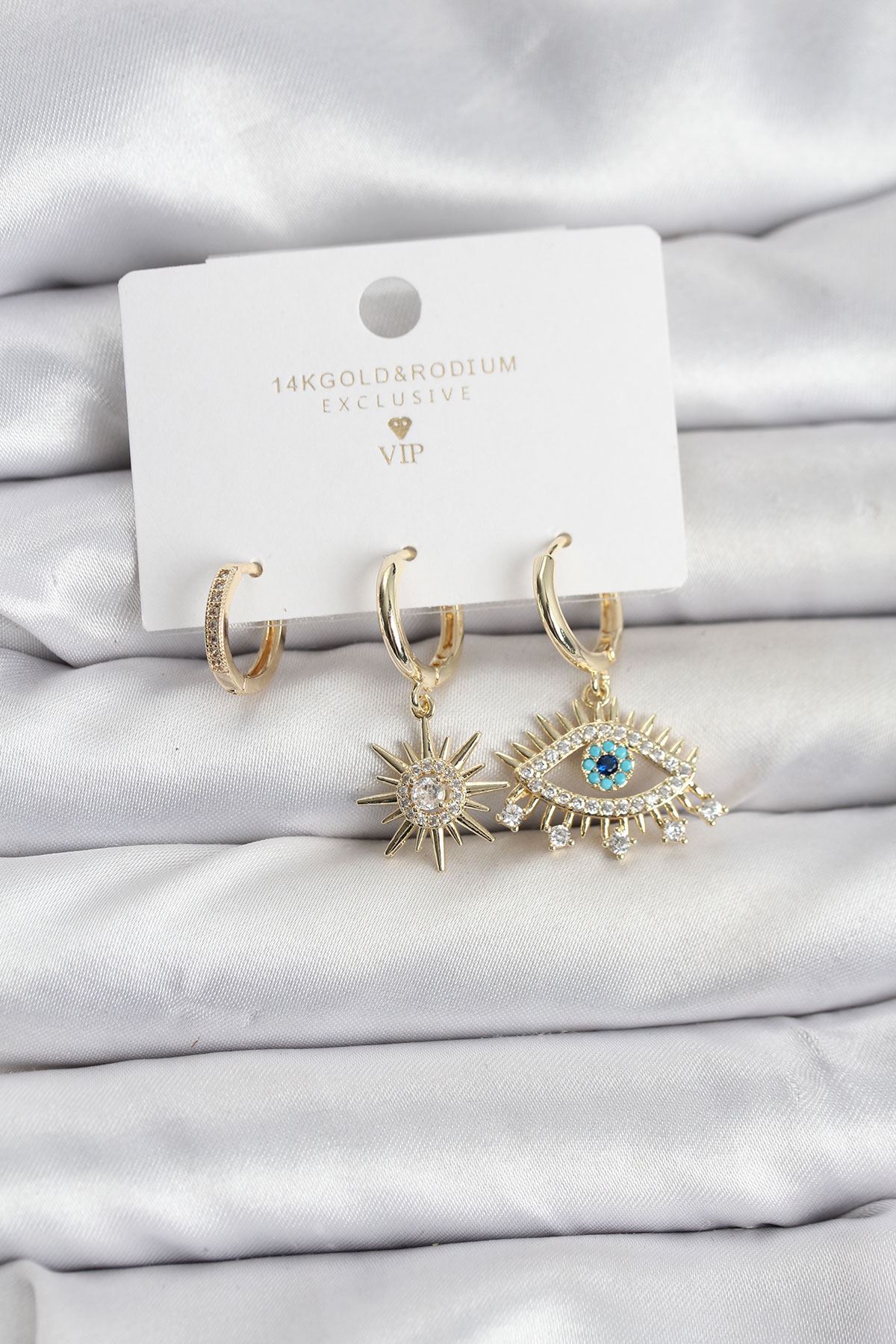 YRTCL Göz Model Gold Renk Pirinç 3'lü Kadın Küpe Seti