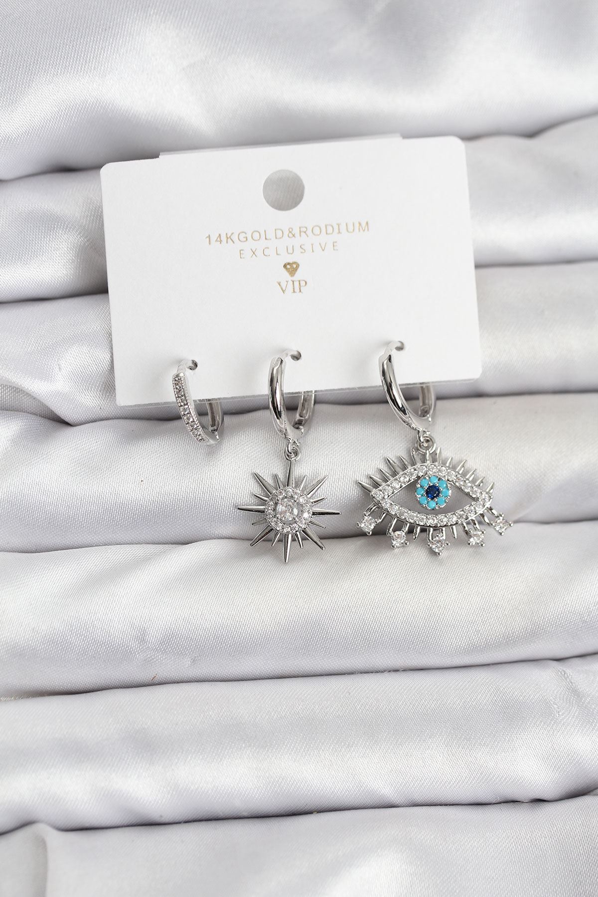 YRTCL Göz Model Gümüş Renk Pirinç 3'lü Kadın Küpe Seti