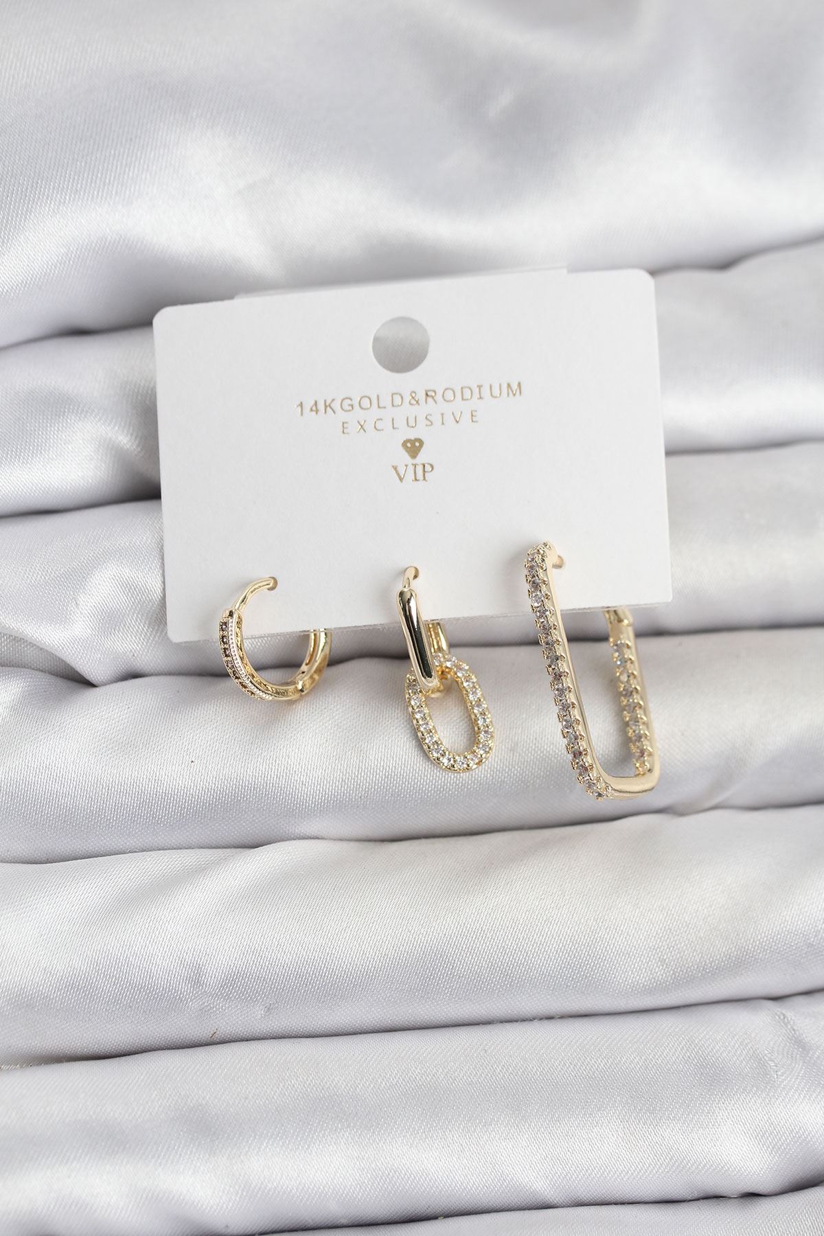 YRTCL Gold Renk Zirkon Taşlı 3'lü Kadın Küpe Seti