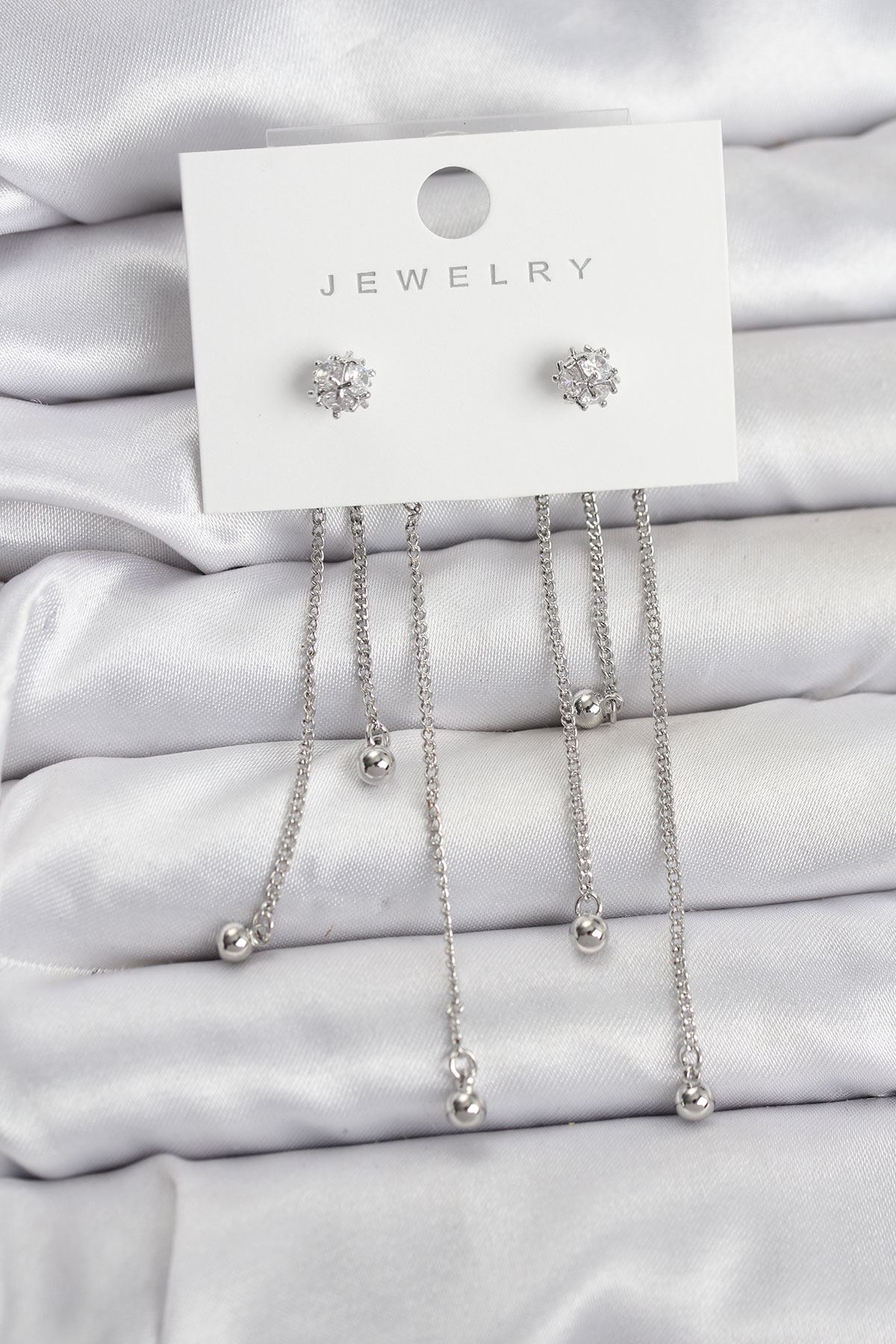 YRTCL Topçuk Model Gümüş Renk Pirinç Sallantılı Kadın Küpe Seti