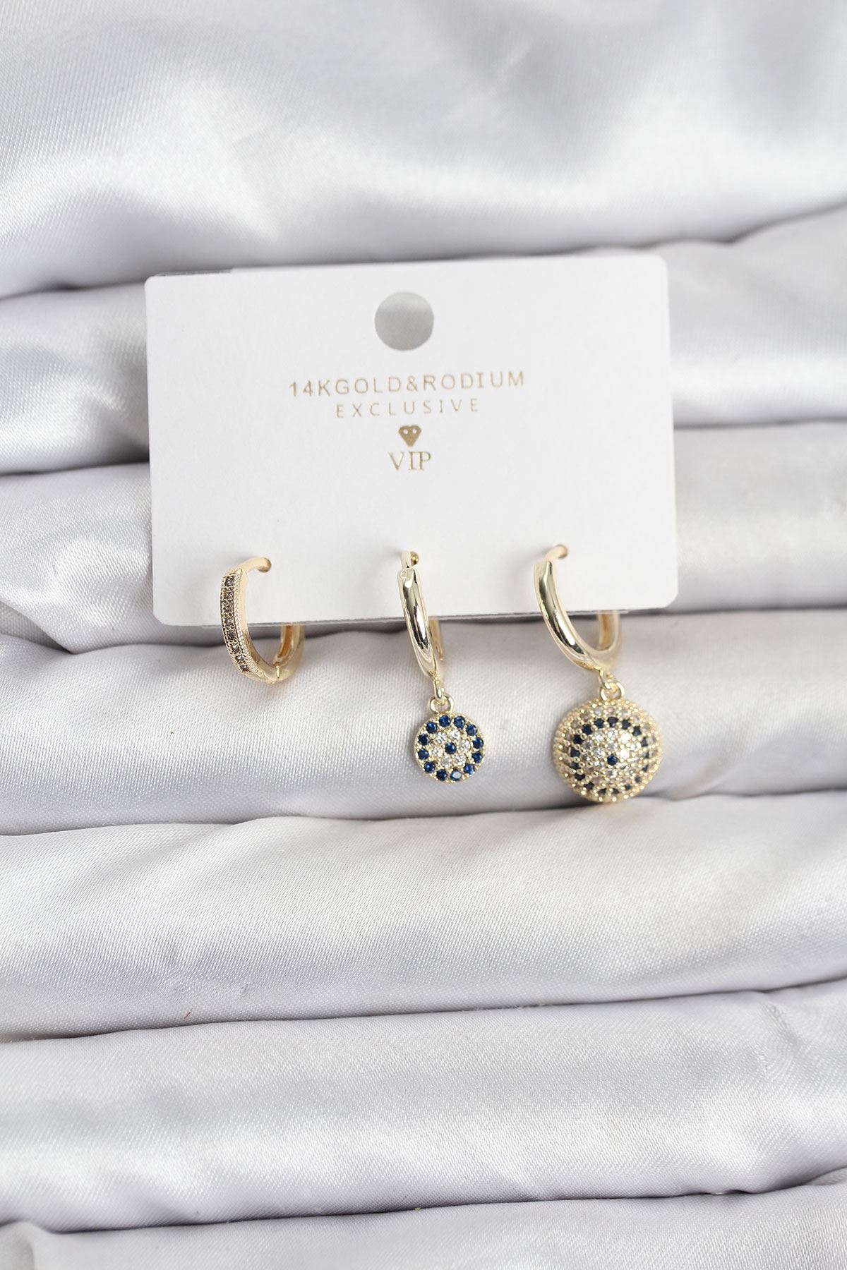 YRTCL Nazar Model Gold Renk Pirinç 3'lü Kadın Küpe Seti