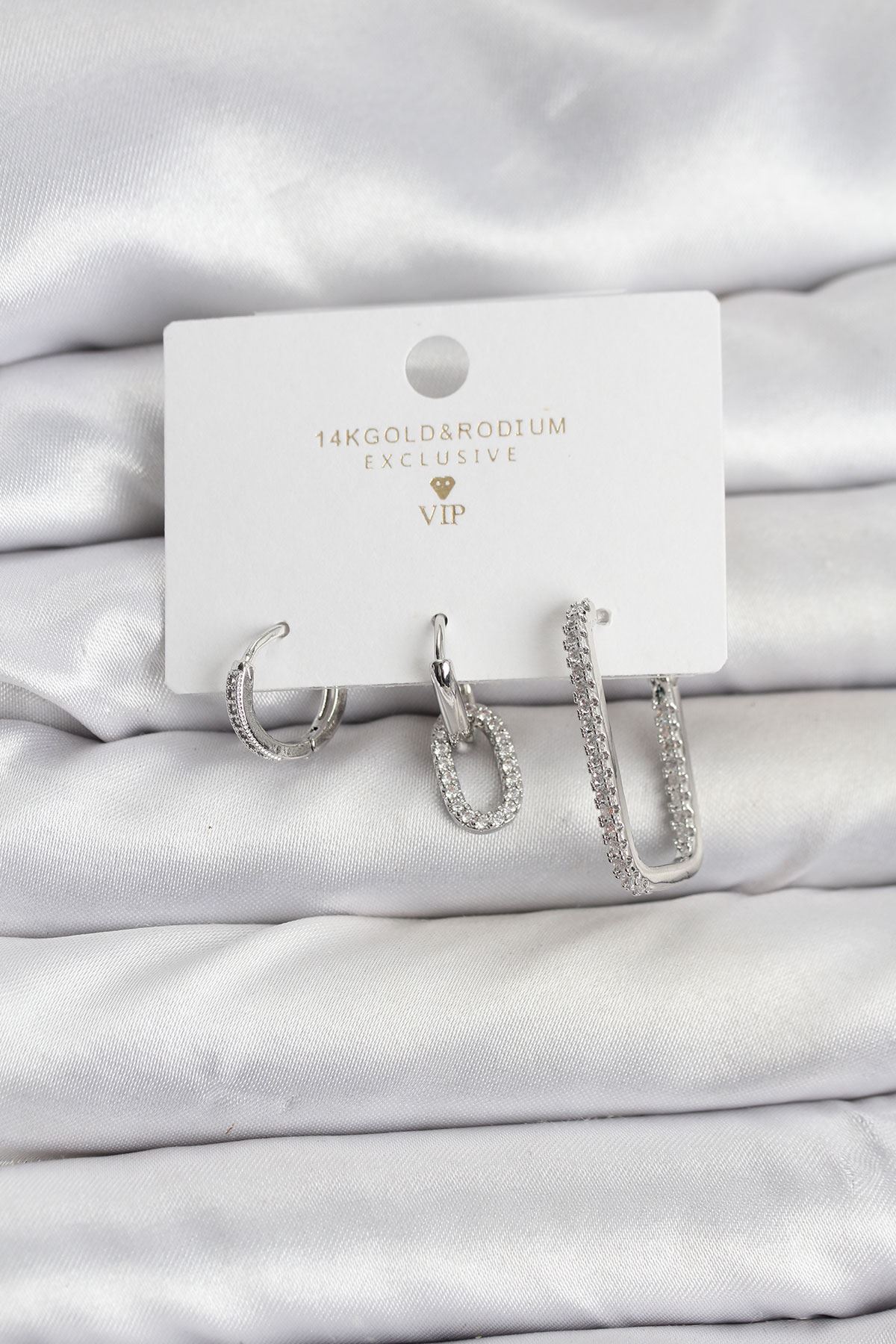 YRTCL Gümüş Renk Zirkon Taşlı 3'lü Kadın Küpe Seti