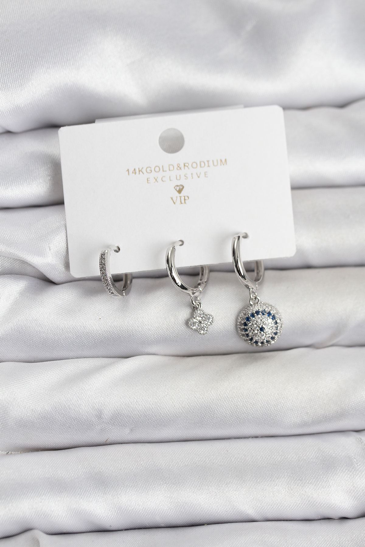 YRTCL Nazar Model Gümüş Renk Pirinç 3'lü Kadın Küpe Seti