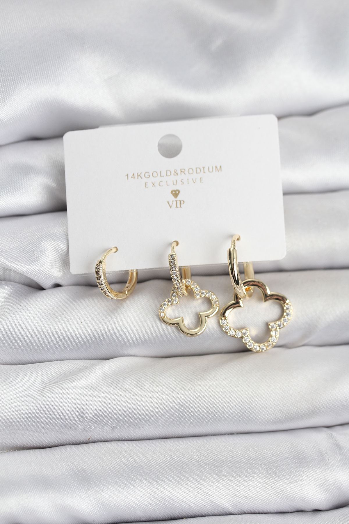 YRTCL Yonca Model Gold Renk Pirinç 3'lü Kadın Küpe Seti