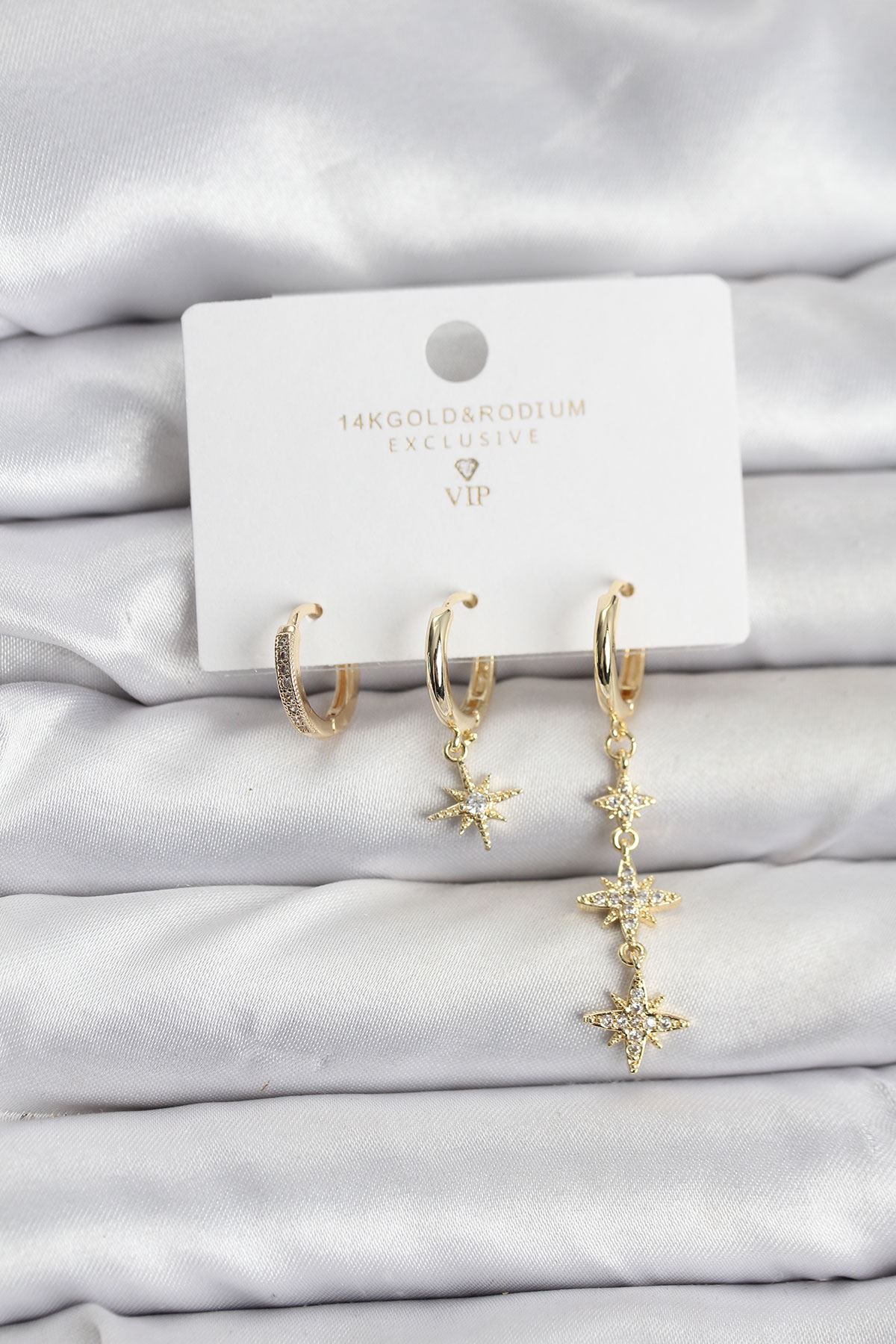 YRTCL Kutup Yıldızı Model Gold Renk Pirinç 3'lü Kadın Küpe Seti