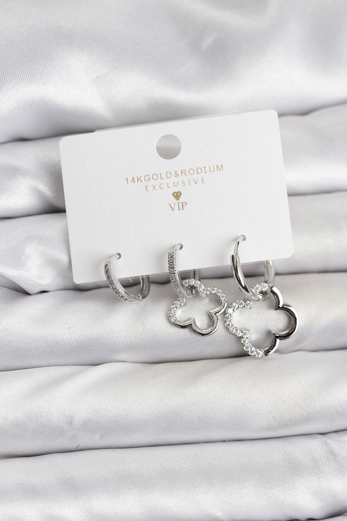 YRTCL Yonca Model Gümüş Renk Pirinç 3'lü Kadın Küpe Seti