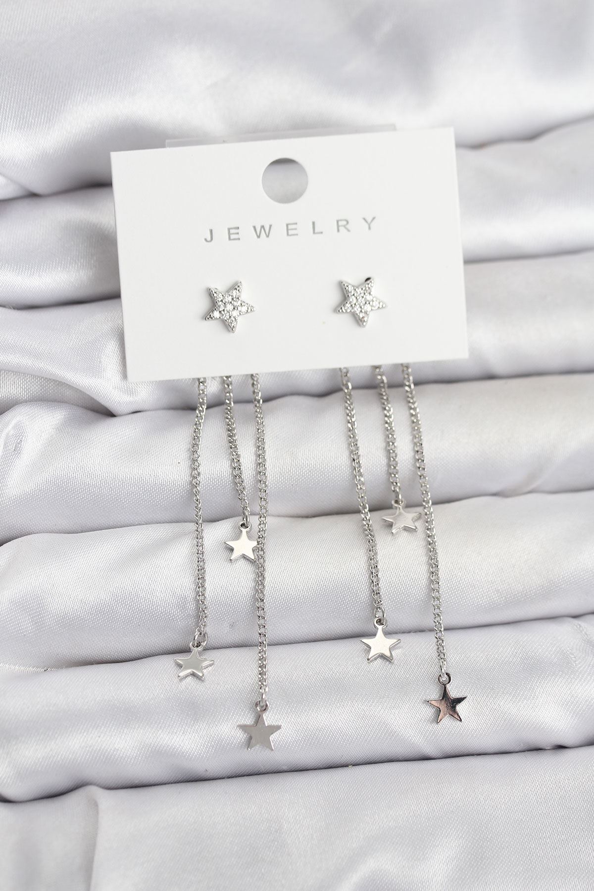 YRTCL Yıldız Model Gümüş Renk Pirinç Sallantılı Kadın Küpe