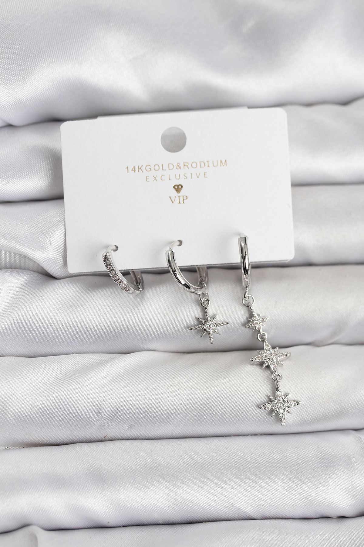 YRTCL Kutup Yıldızı Model Gümüş Renk Pirinç 3'lü Kadın Küpe Seti