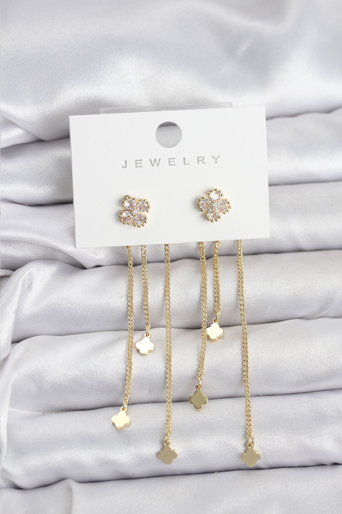 YRTCL Pirinç Gold Renk Yonca Model Sallantılı Kadın Küpe