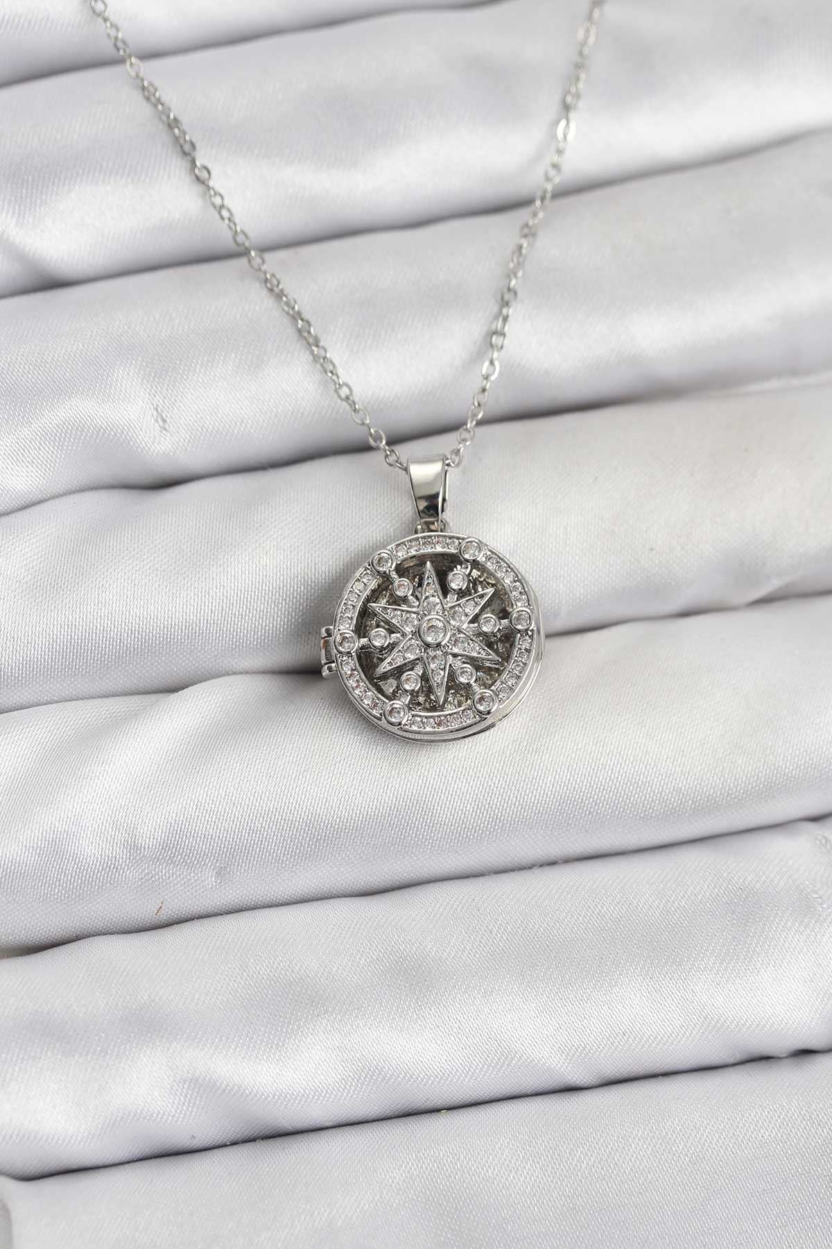 YRTCL 316L Çelik Zincir Gümüş Renk Kutup Yıldızı Kapaklı Model Kadın Kolye