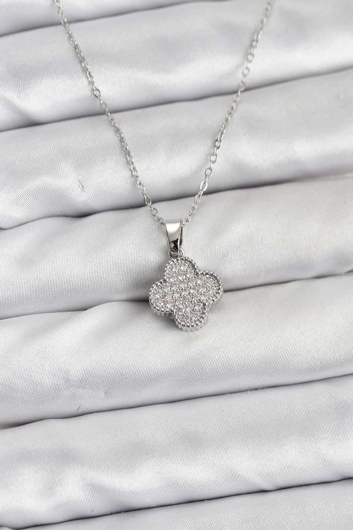 YRTCL 316L Çelik Zincir Gümüş Renk Zirkon Taşlı Yonca Model Kadın Kolye