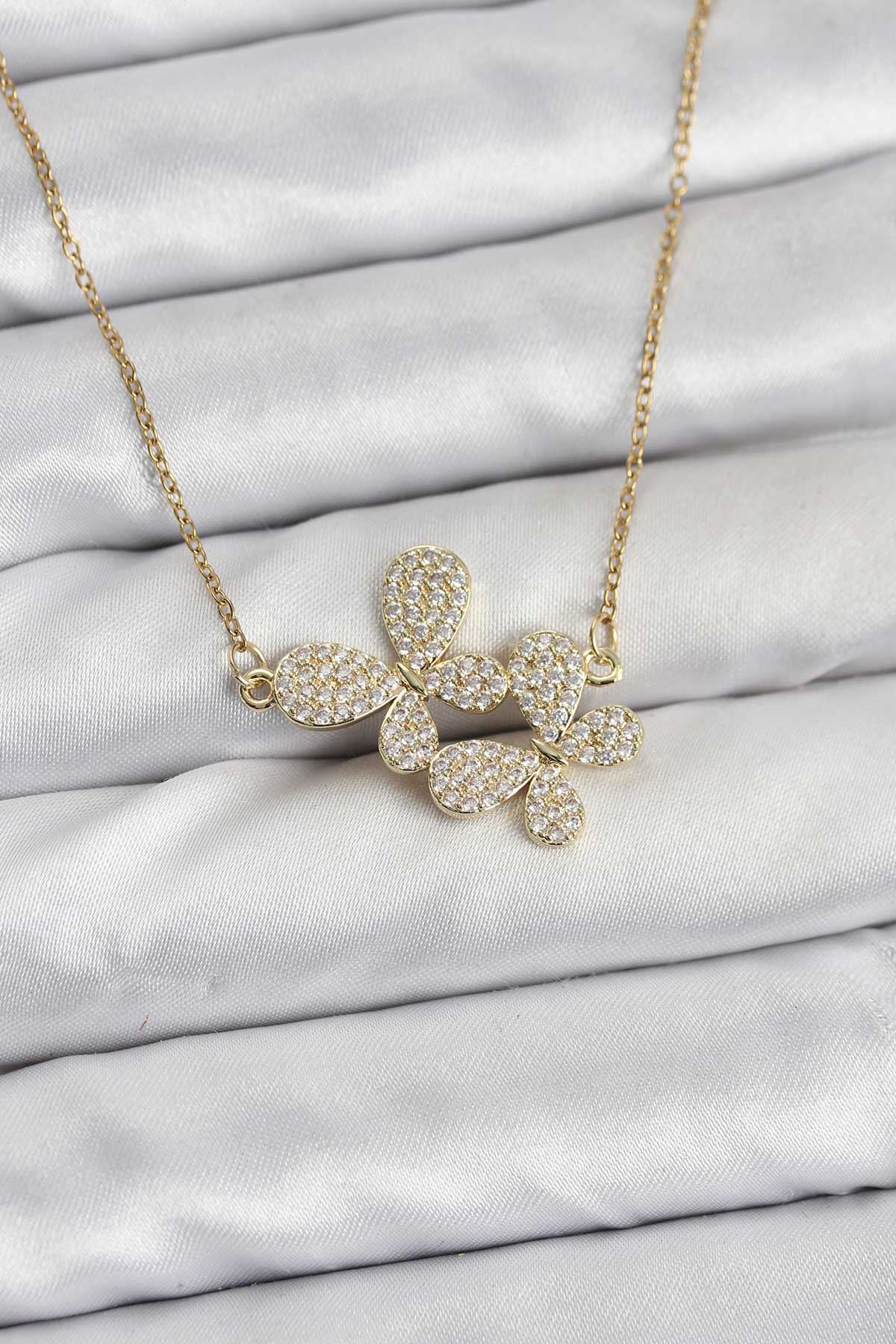 YRTCL 316L Çelik Zincir Gold Renk Zirkon Taşlı Kelebek Model Kadın Kolye