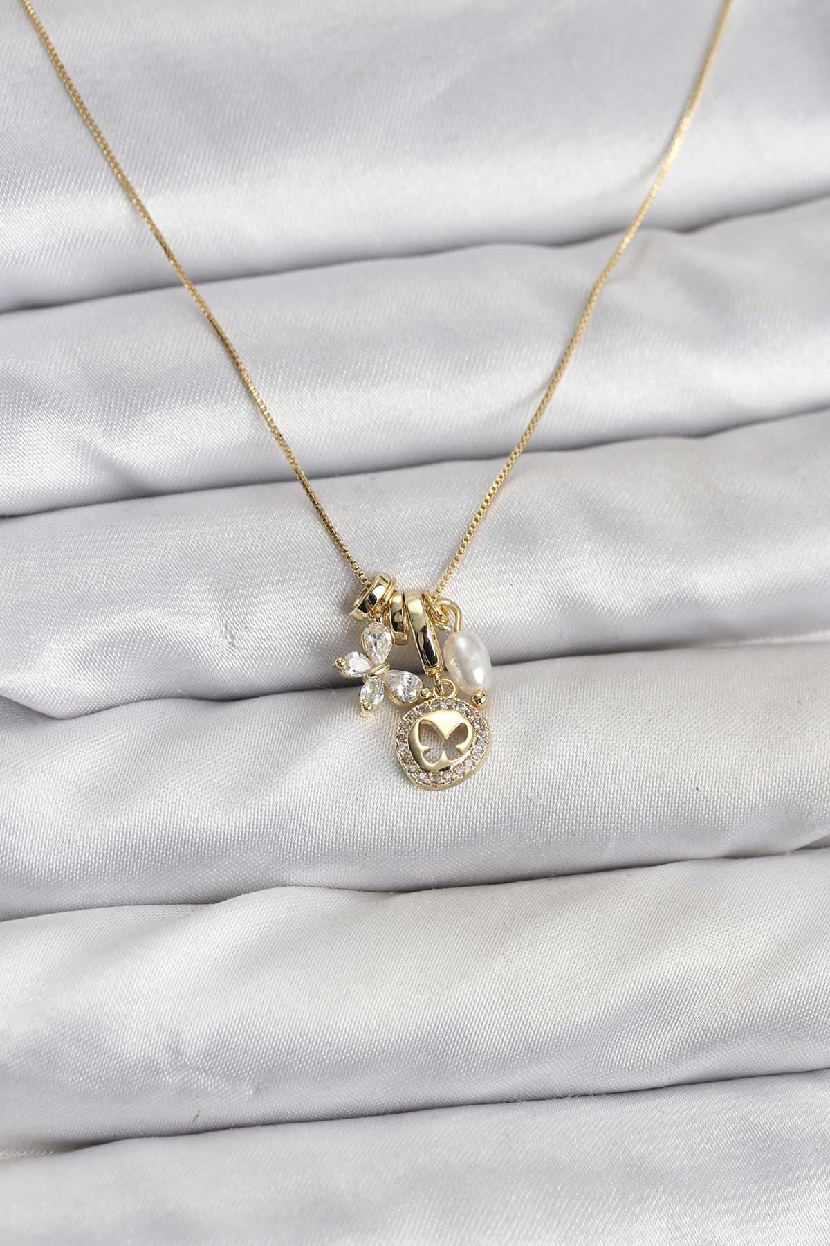 YRTCL Gold Renk Pirinç Minimal Kelebek Charmlı Kadın Kolye