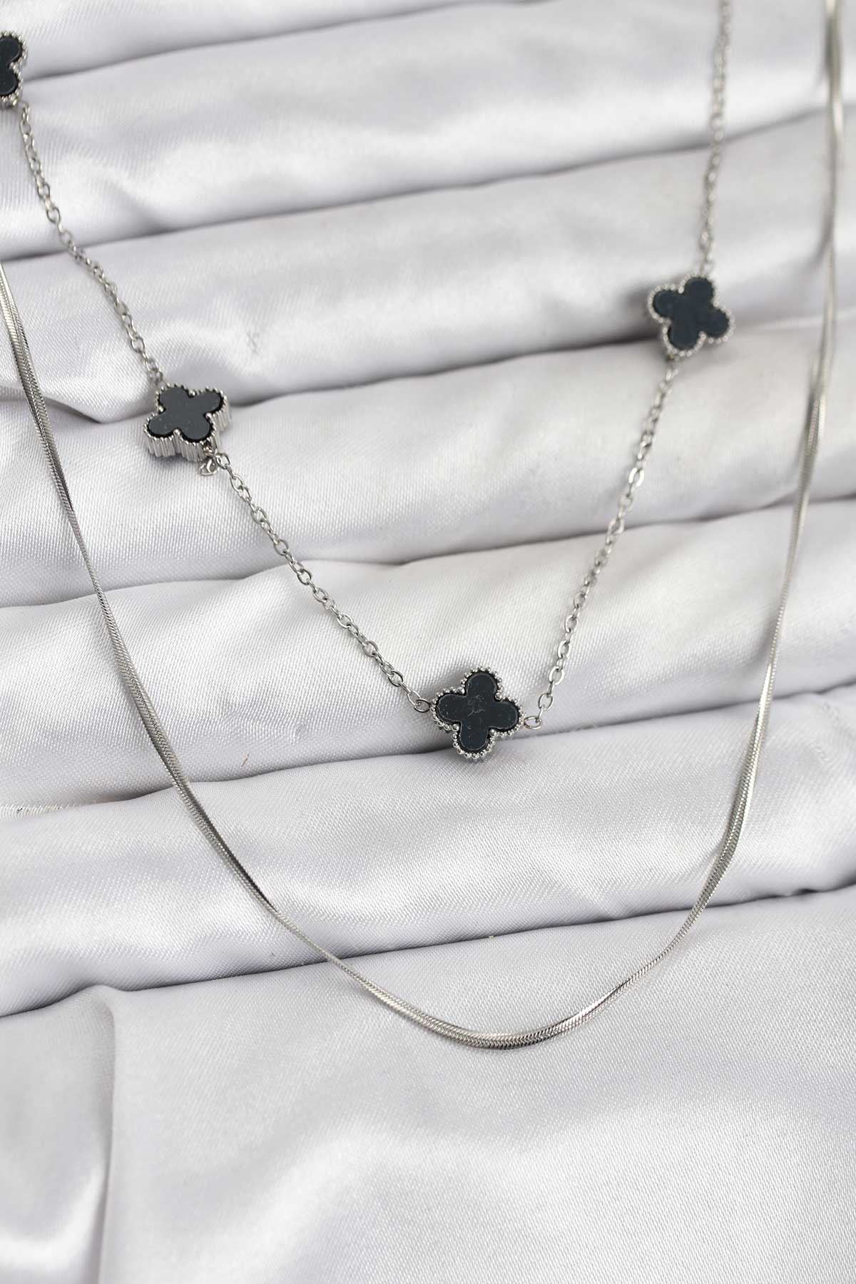 YRTCL 316L Çelik Zincir Gümüş Renk İtalyan Zincirli Siyah Yonca Model Kadın Kolye