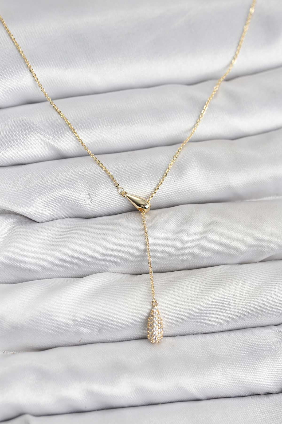 YRTCL Pirinç Gold Renk Asansörlü Damla Model Kadın Kolye