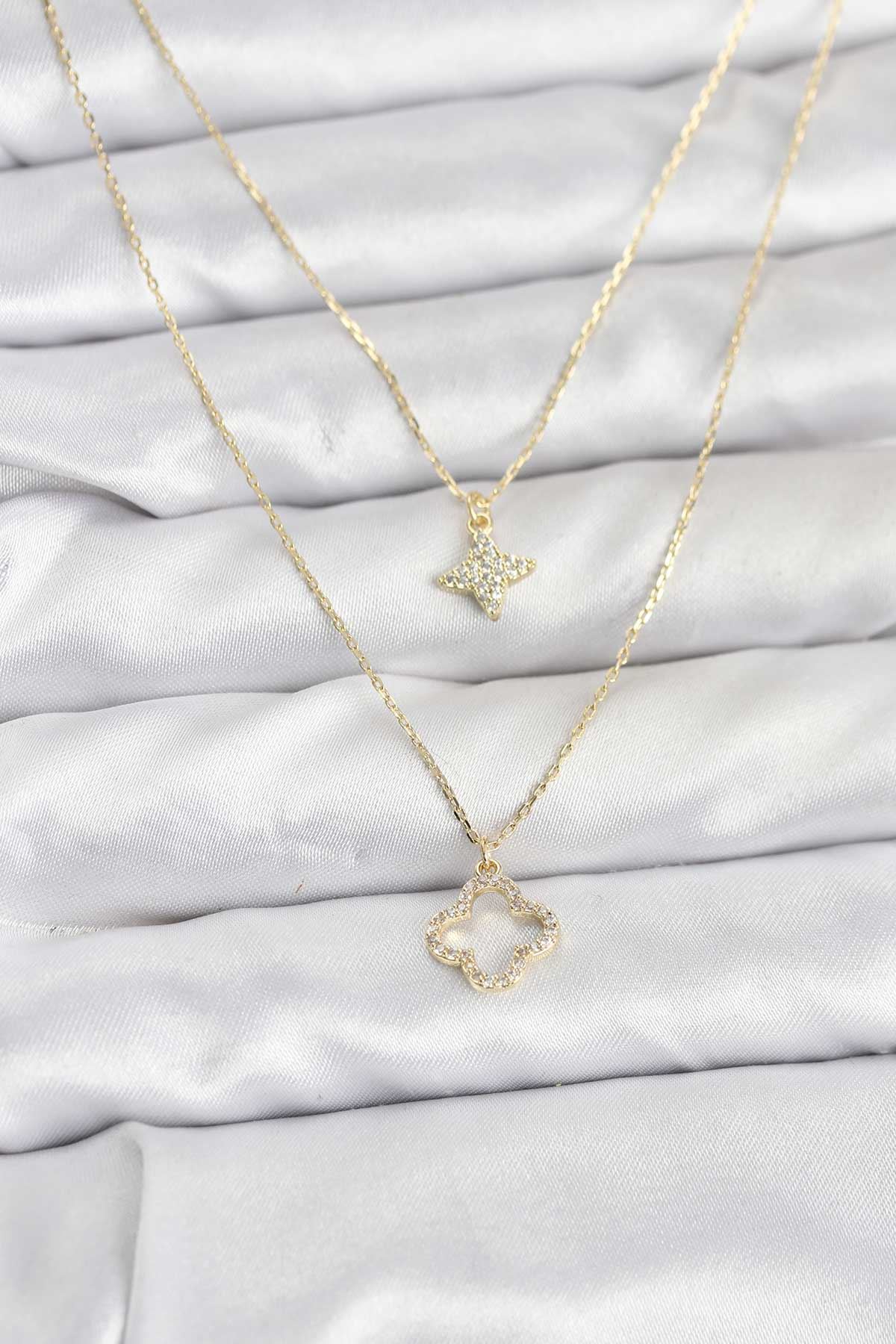 YRTCL Pirinç Gold Renk Yonca Model 2'li Kadın Kolye