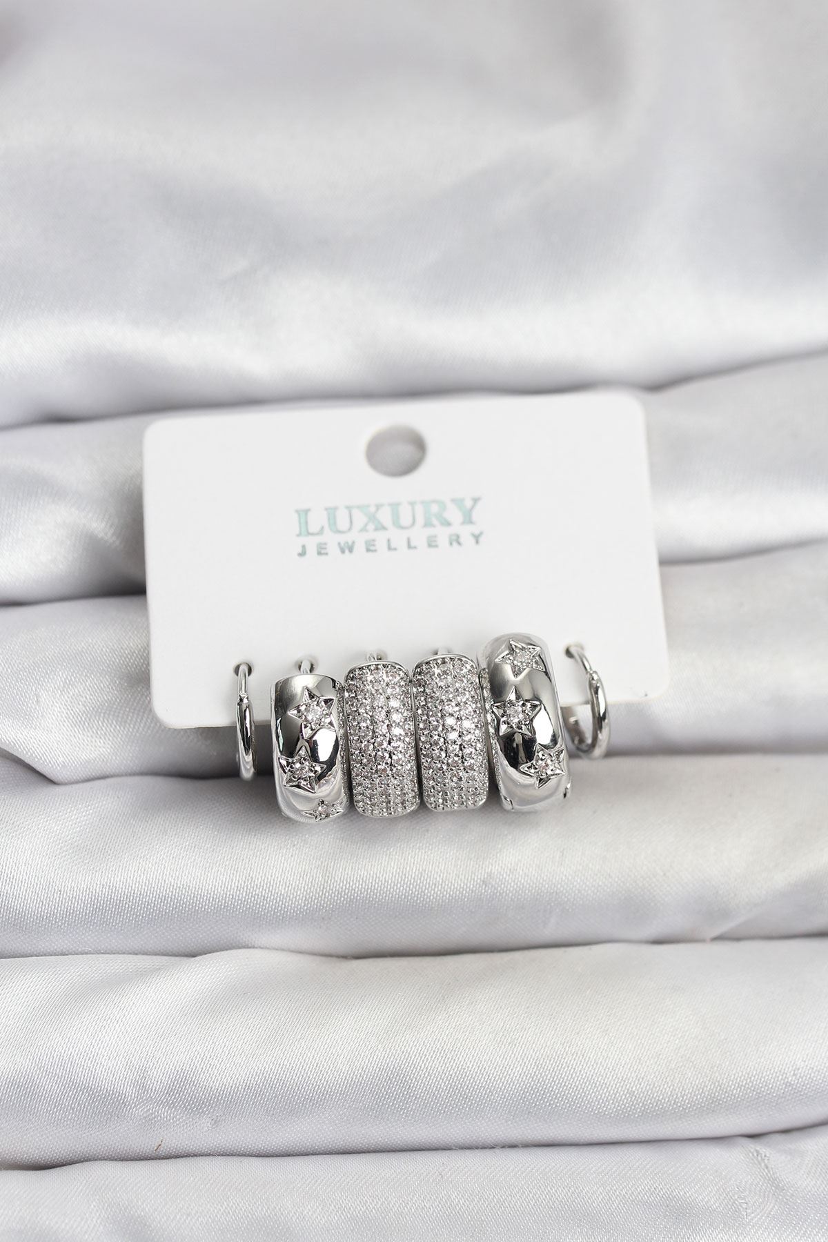 YRTCL Zirkon Taşlı Pirinç Gümüş Renk Halka Kadın Küpe Seti