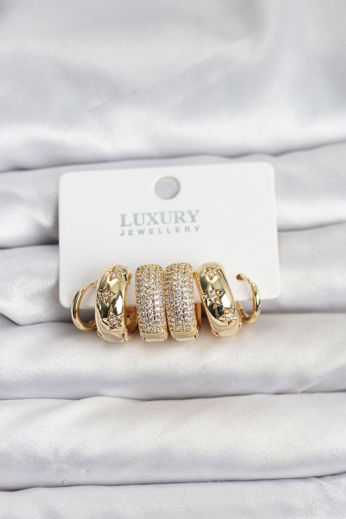 YRTCL Zirkon Taşlı Pirinç Gold Renk Halka Kadın Küpe Seti