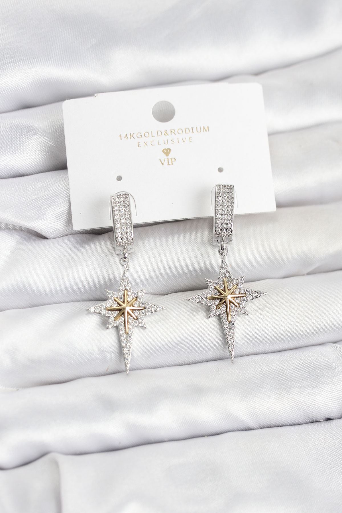 YRTCL Zirkon Taşlı Gümüş Renk Pirinç Kutup Yıldızı Model Kadın Küpe