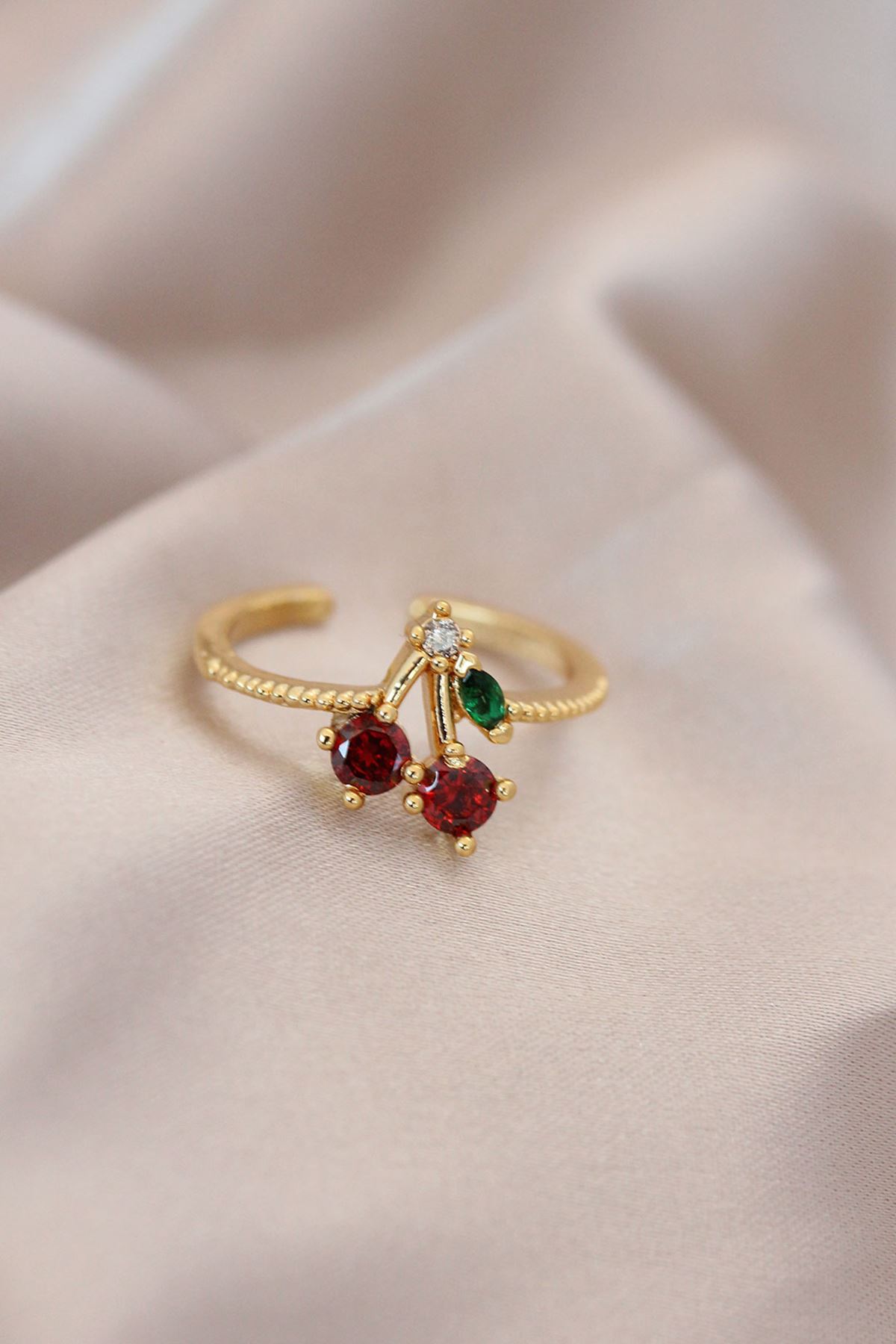 YRTCL Ayarlamalı Gold Renk Metal Renkli Zirkon Taşlı Kiraz Yüzük