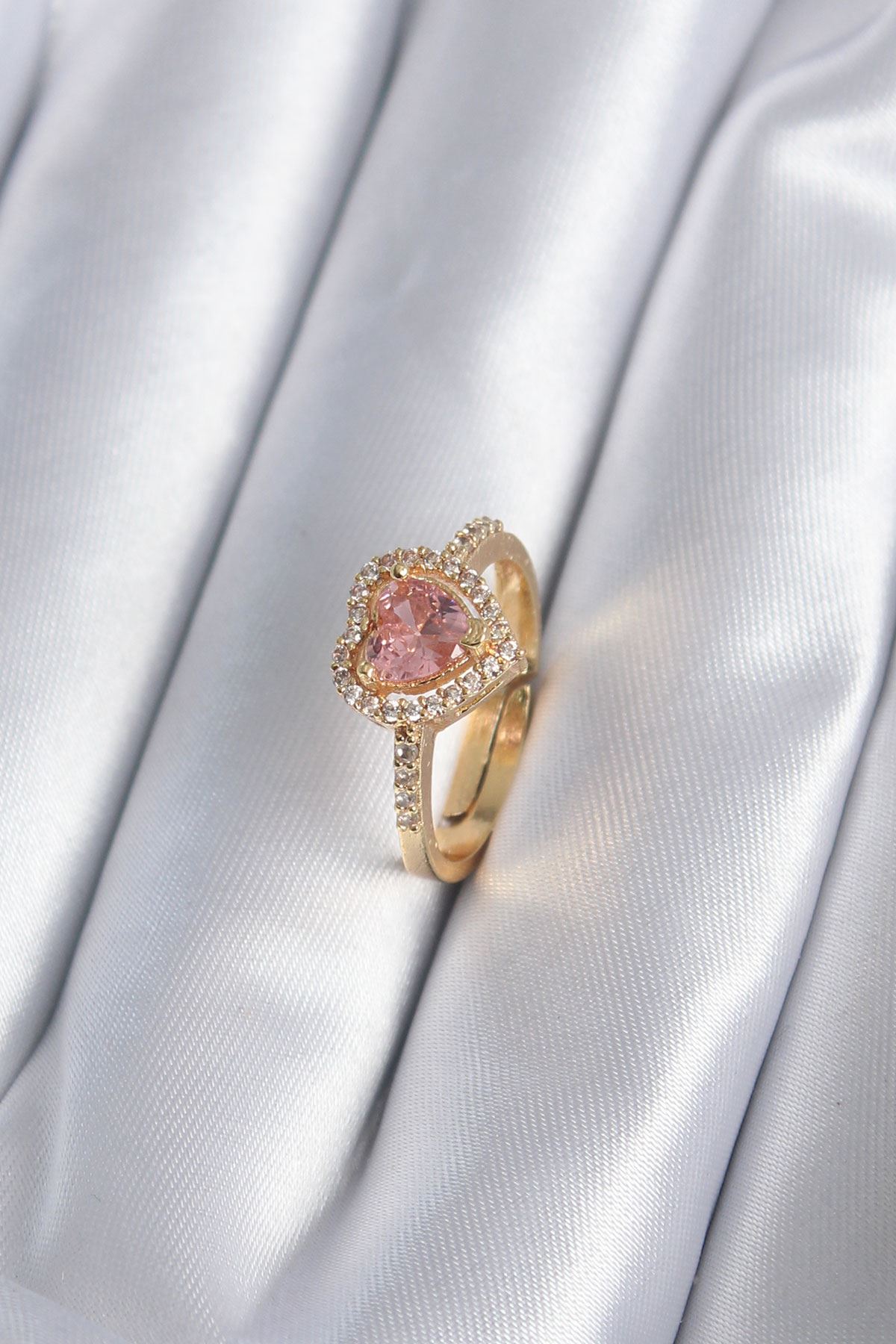 YRTCL Pirinç Gold Renk Pembe Zirkon Taş Kalp Charm Model Kadın Yüzük