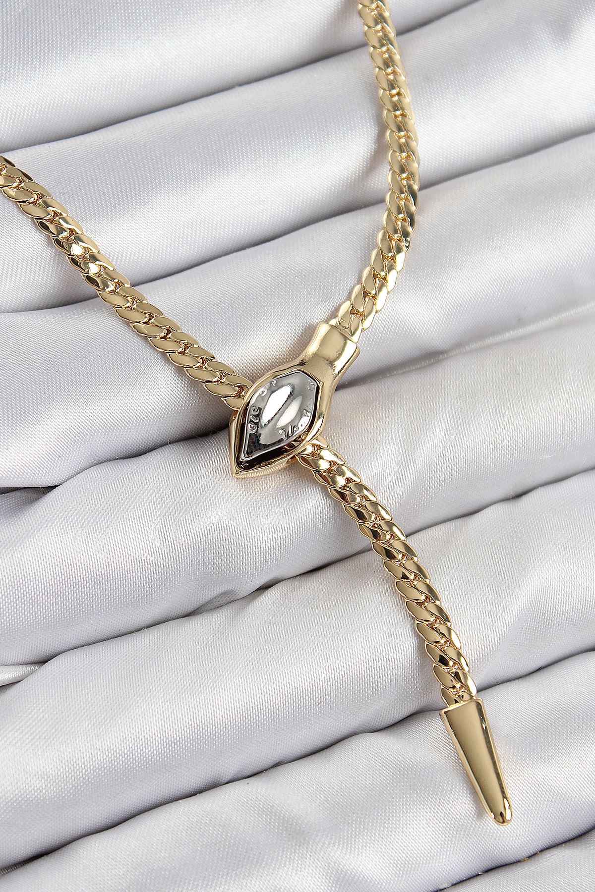 YRTCL Pirinç Asansörlü Yılan Model Gold Renk Kadın Kolye