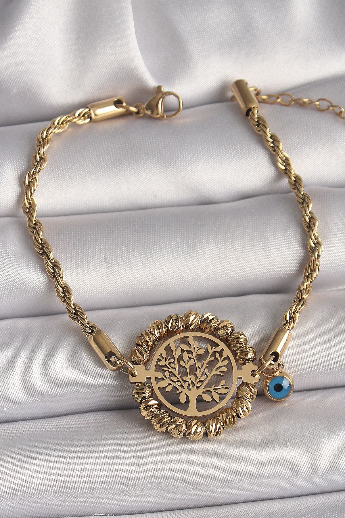 YRTCL 316L Çelik Gold Renk Burgu Zincir Model Dorika Yaşam Ağacı Figür Nazar Boncuk Detay Kadın Bileklik