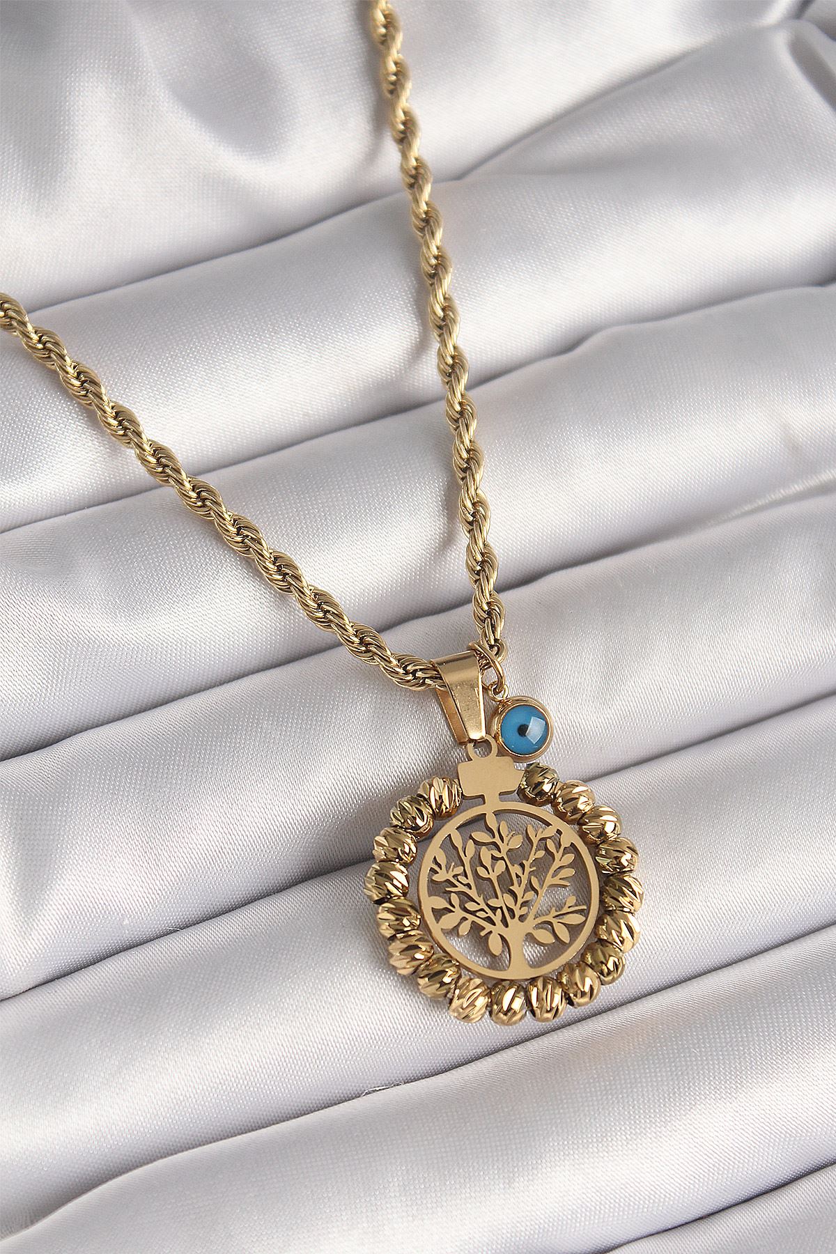 YRTCL 316L Çelik Gold Renk Burgu Zincir Dorika Yaşam Ağacı Figür Nazar Boncuk Detay Kadın Kolye