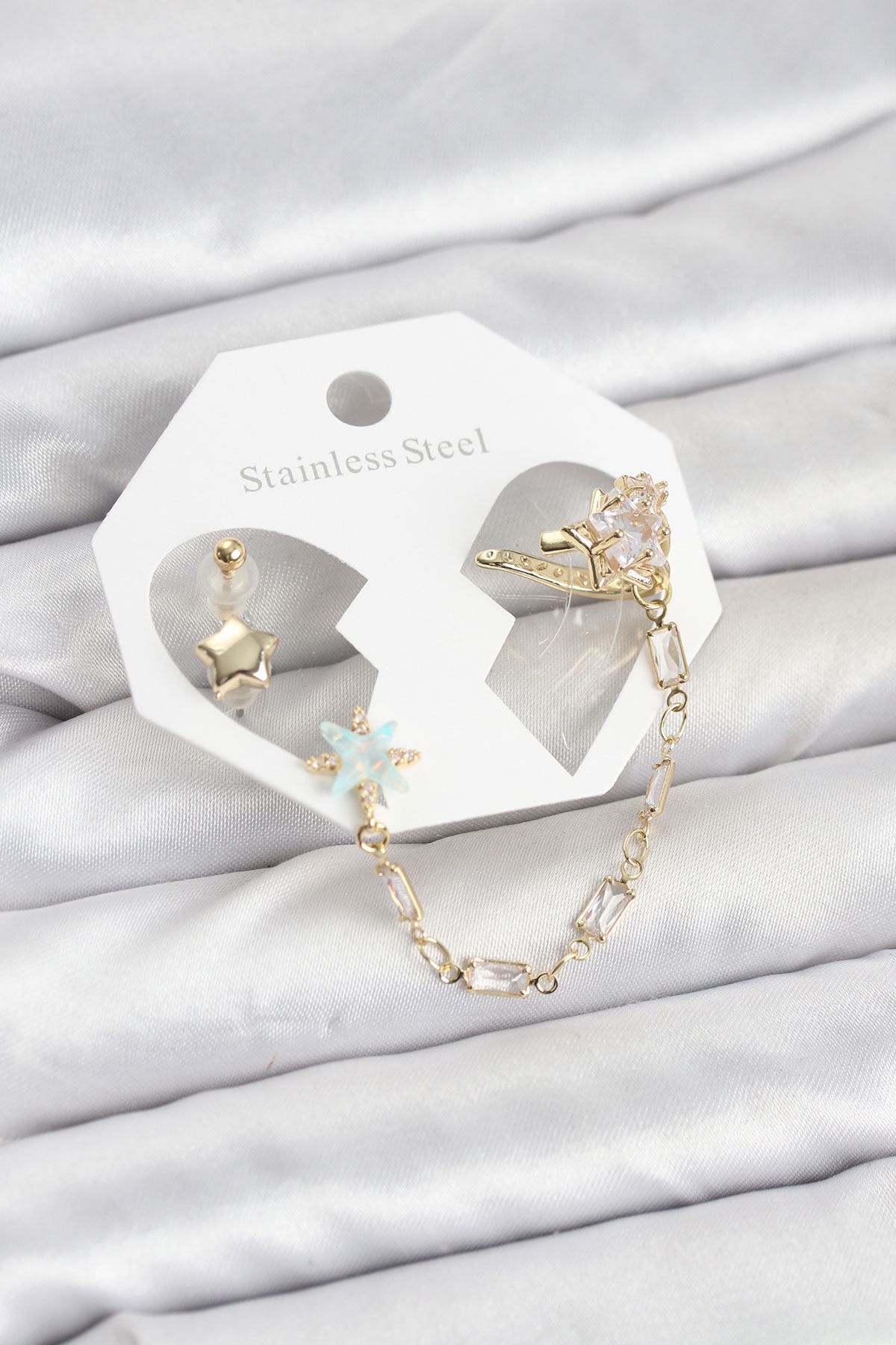 YRTCL Yıldız Model Pirinç Gold Renk Zincir Bağlantılı Ear Cuff Küpe Seti