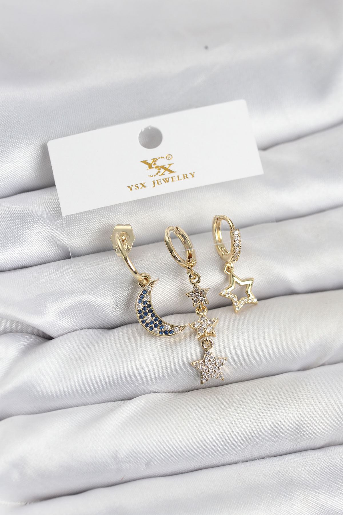 YRTCL Pirinç Gold Renk Zirkon Taşlı Ay ve Yıldız Model YSX Trio Küpe Seti