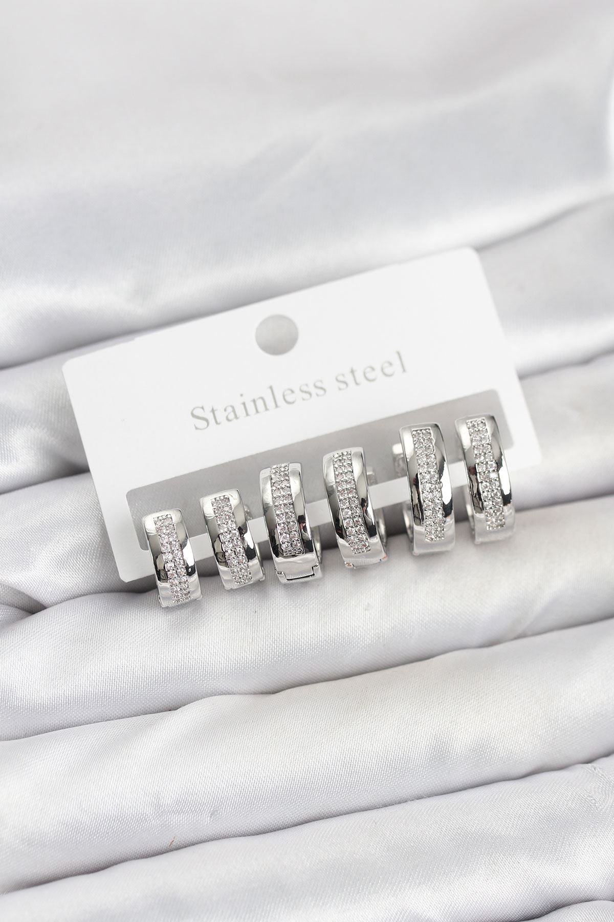 YRTCL 316L Çelik Gümüş Renk Zirkon Taşlı Halka Küpe Seti