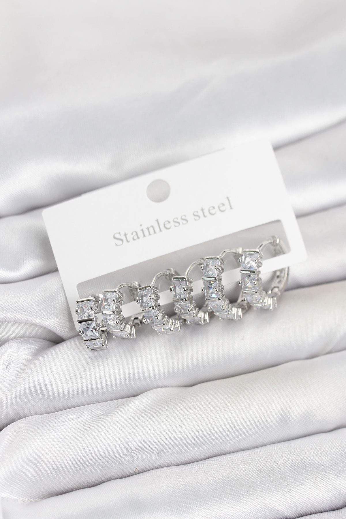 YRTCL 316L Çelik Gümüş Renk Baget Zirkon Taşlı Halka Küpe Seti